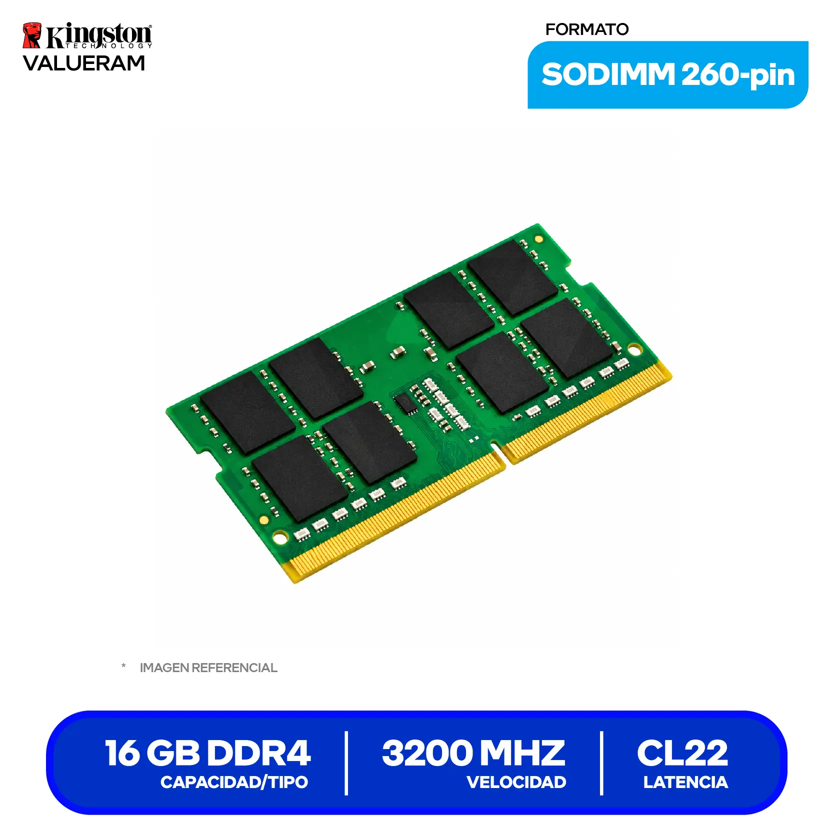 Memoria SO-DIMM Kingston ValueRAM (KVR32S22D8/16WP) 16GB, DDR4, 3200 MHz