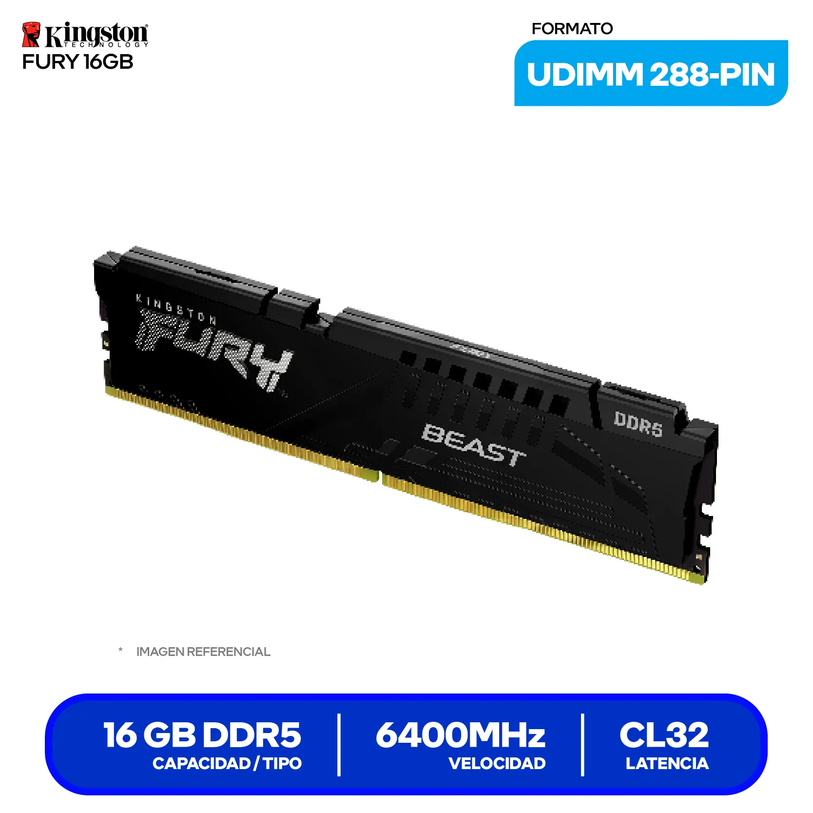 Memoria DIMM Kingston Fury Beast (KF564C32BBE-16) 16GB, DDR5, 6400 MHz