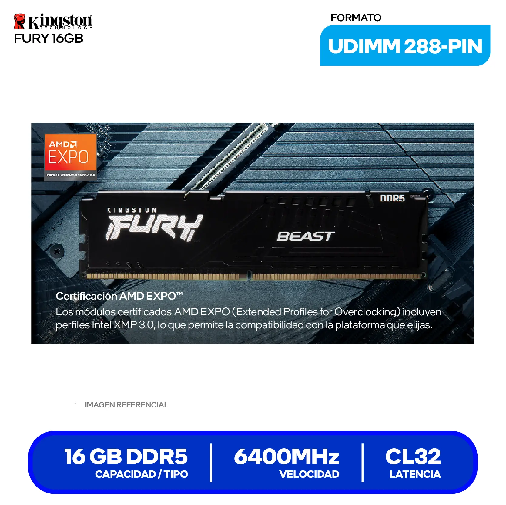 Memoria DIMM Kingston Fury Beast (KF564C32BBE-16) 16GB, DDR5, 6400 MHz