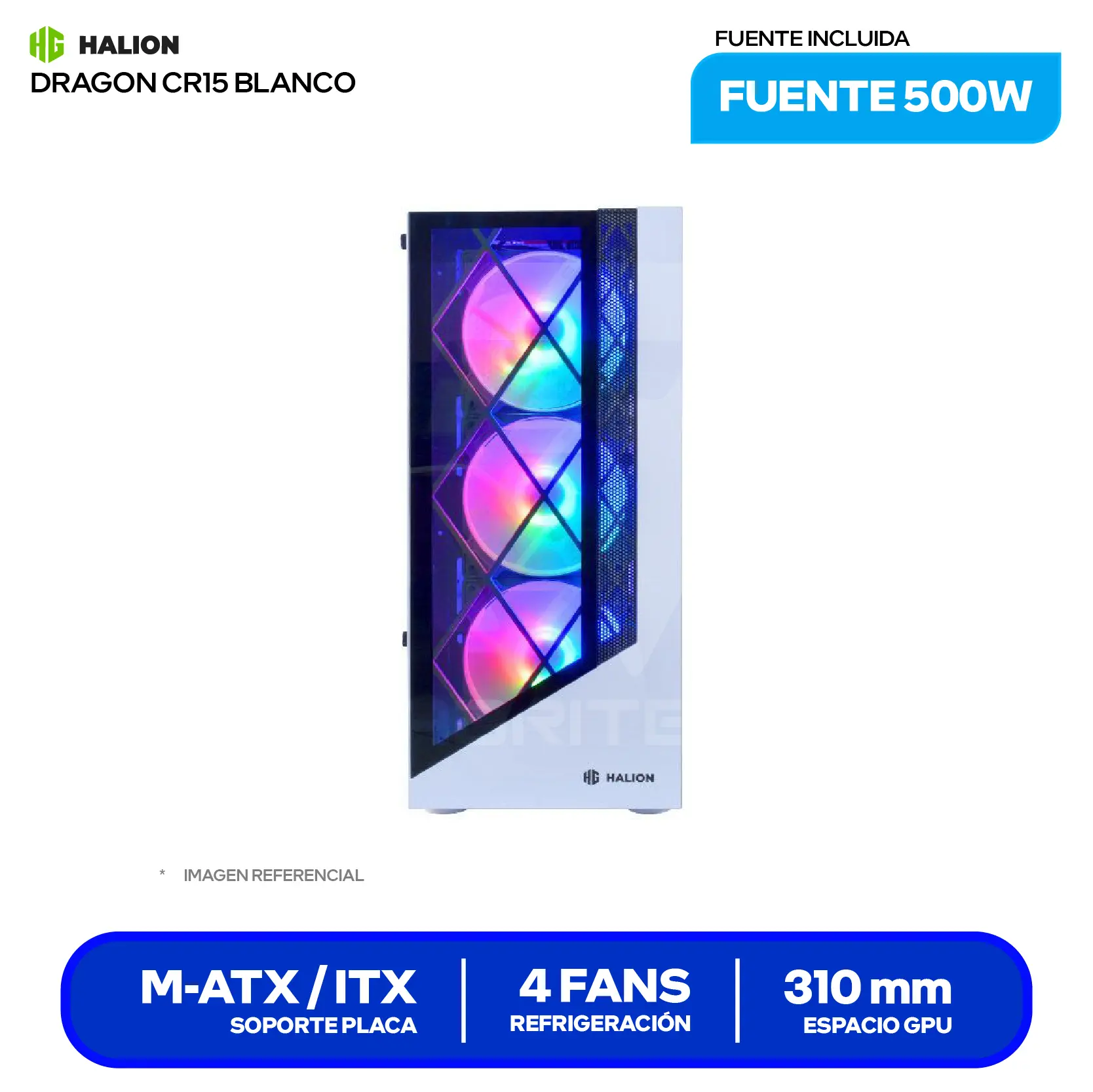 Case Gamer Halion Dragon CR15 White (DRAGON CR15-W) Con Fuente 500W, Doble Vidrio Templado, 4 Fans LED