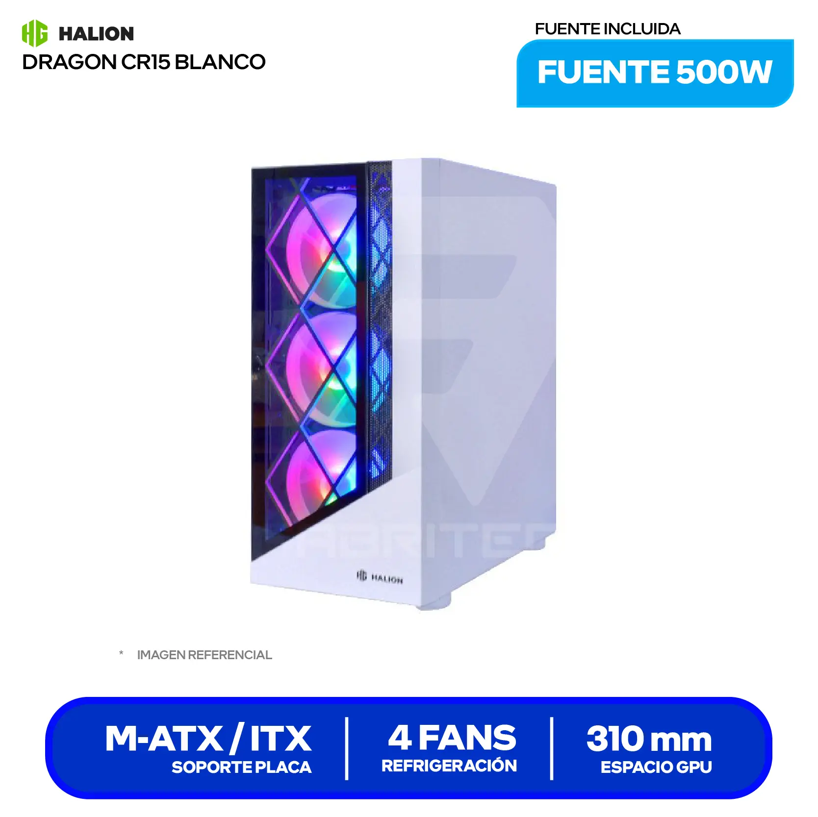 Case Gamer Halion Dragon CR15 White (DRAGON CR15-W) Con Fuente 500W, Doble Vidrio Templado, 4 Fans LED