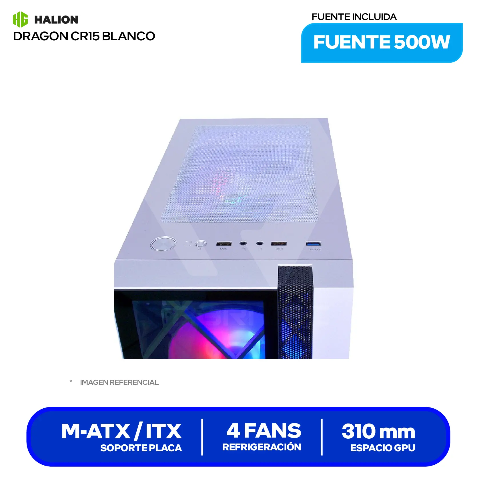Case Gamer Halion Dragon CR15 White (DRAGON CR15-W) Con Fuente 500W, Doble Vidrio Templado, 4 Fans LED