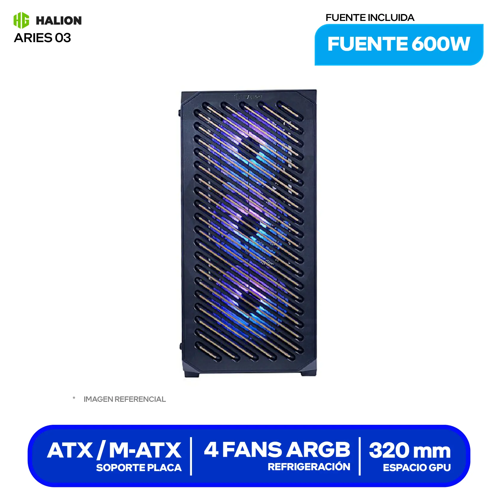 Case Gamer Halion Aries 03 (ARIES 03) Con Fuente 600W, Vidrio Templado, 4 Fans RGB