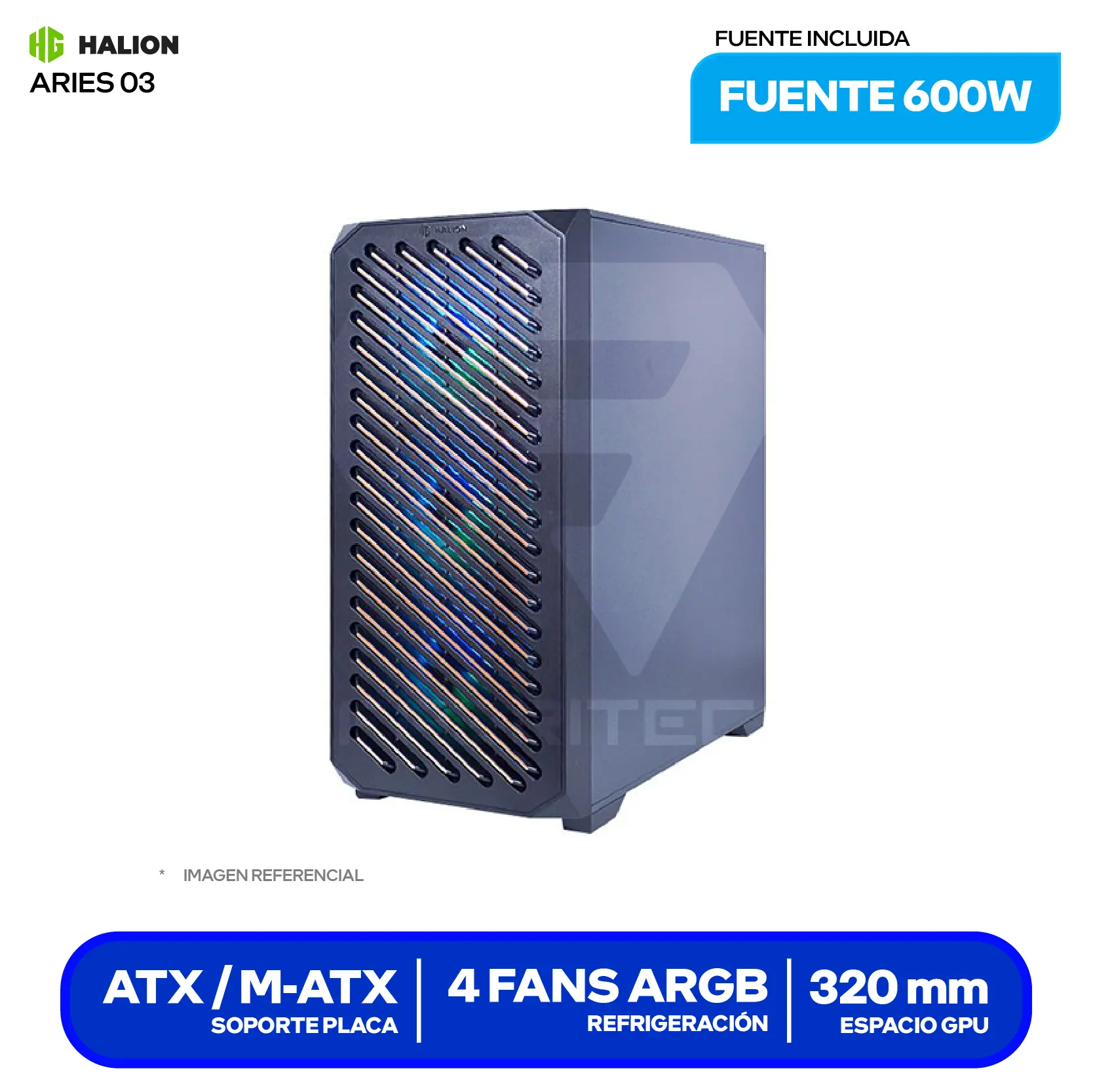 Case Gamer Halion Aries 03 (ARIES 03) Con Fuente 600W, Vidrio Templado, 4 Fans RGB