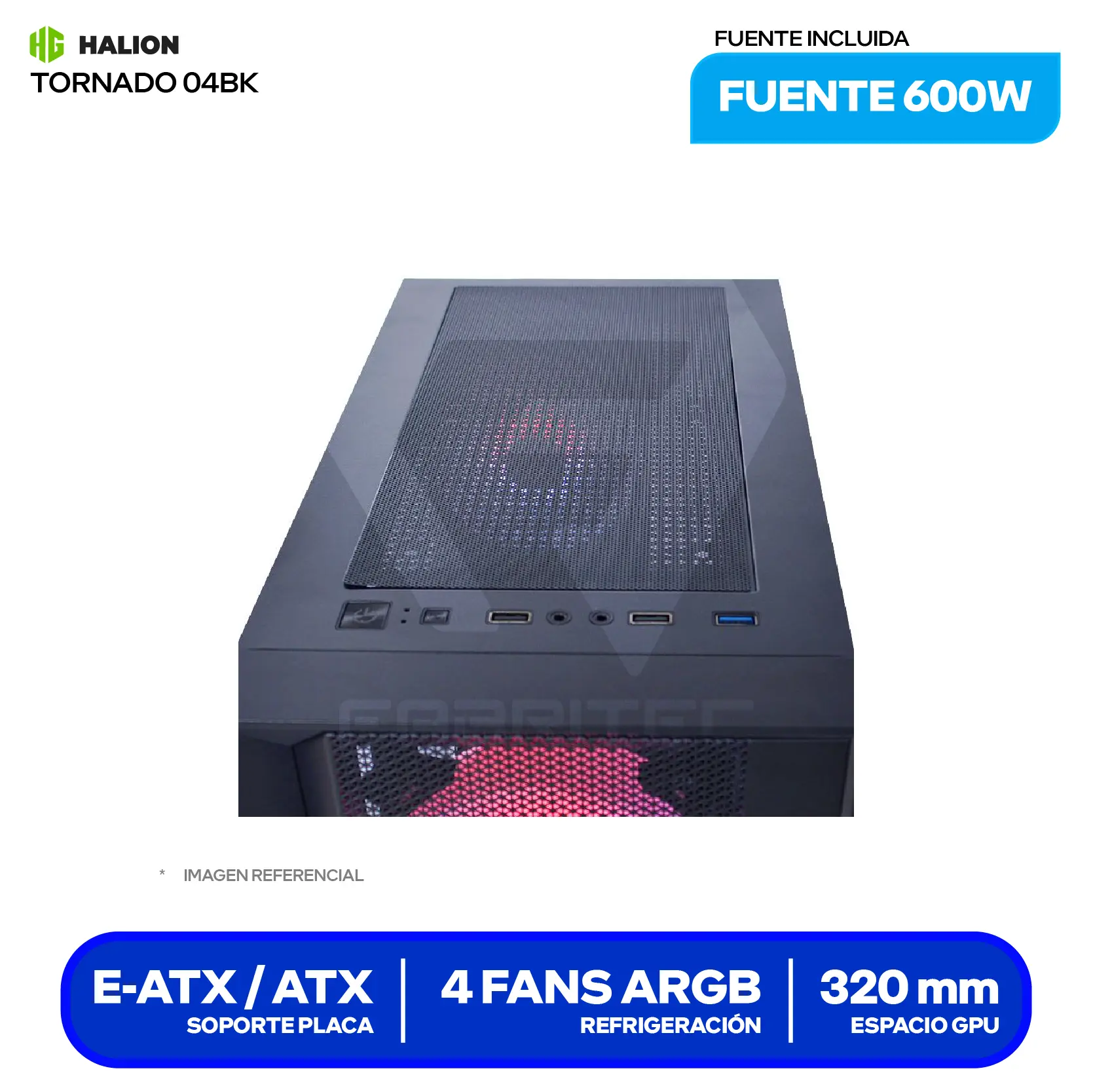 Case Gamer Halion Tornado 04 (TORNADO 04BK) Con fuente de 600W, Vidrio templado, 4 fans ARGB
