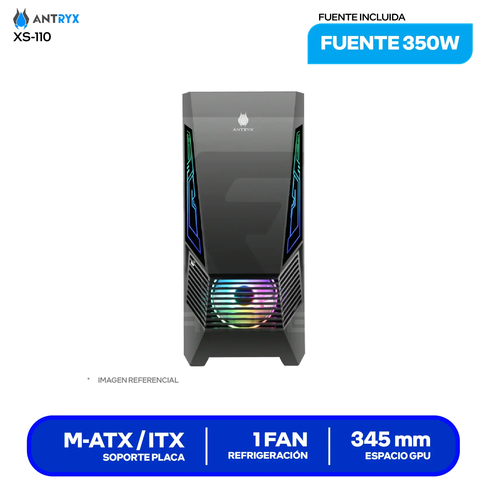 Case Gamer Antryx Xtreme NC-257 (AC-XNC257K-500CP) Con fuente de 500W, Vidrio templado, 1 fan ARGB