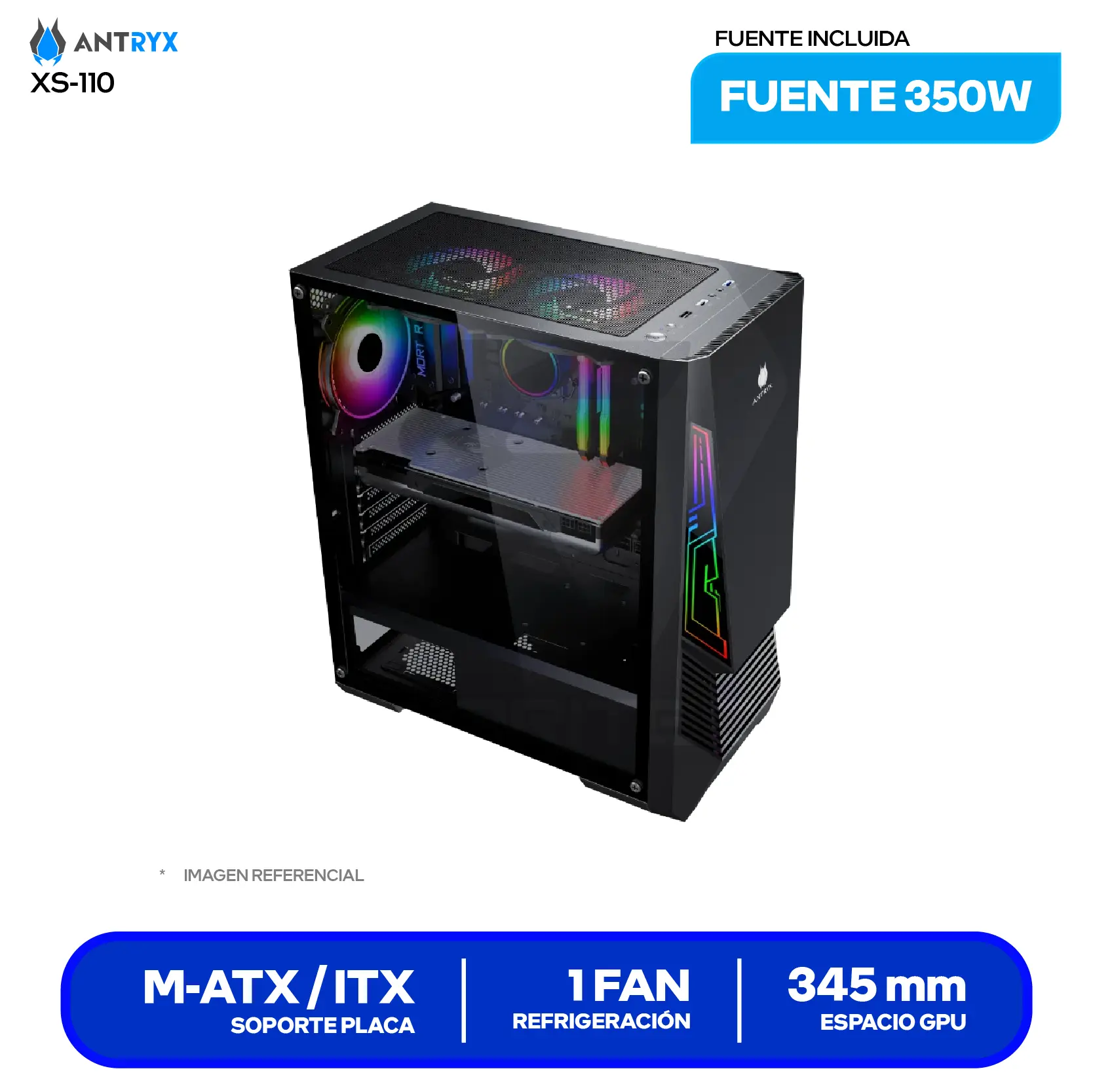 Case Gamer Antryx Xtreme NC-257 (AC-XNC257K-500CP) Con fuente de 500W, Vidrio templado, 1 fan ARGB