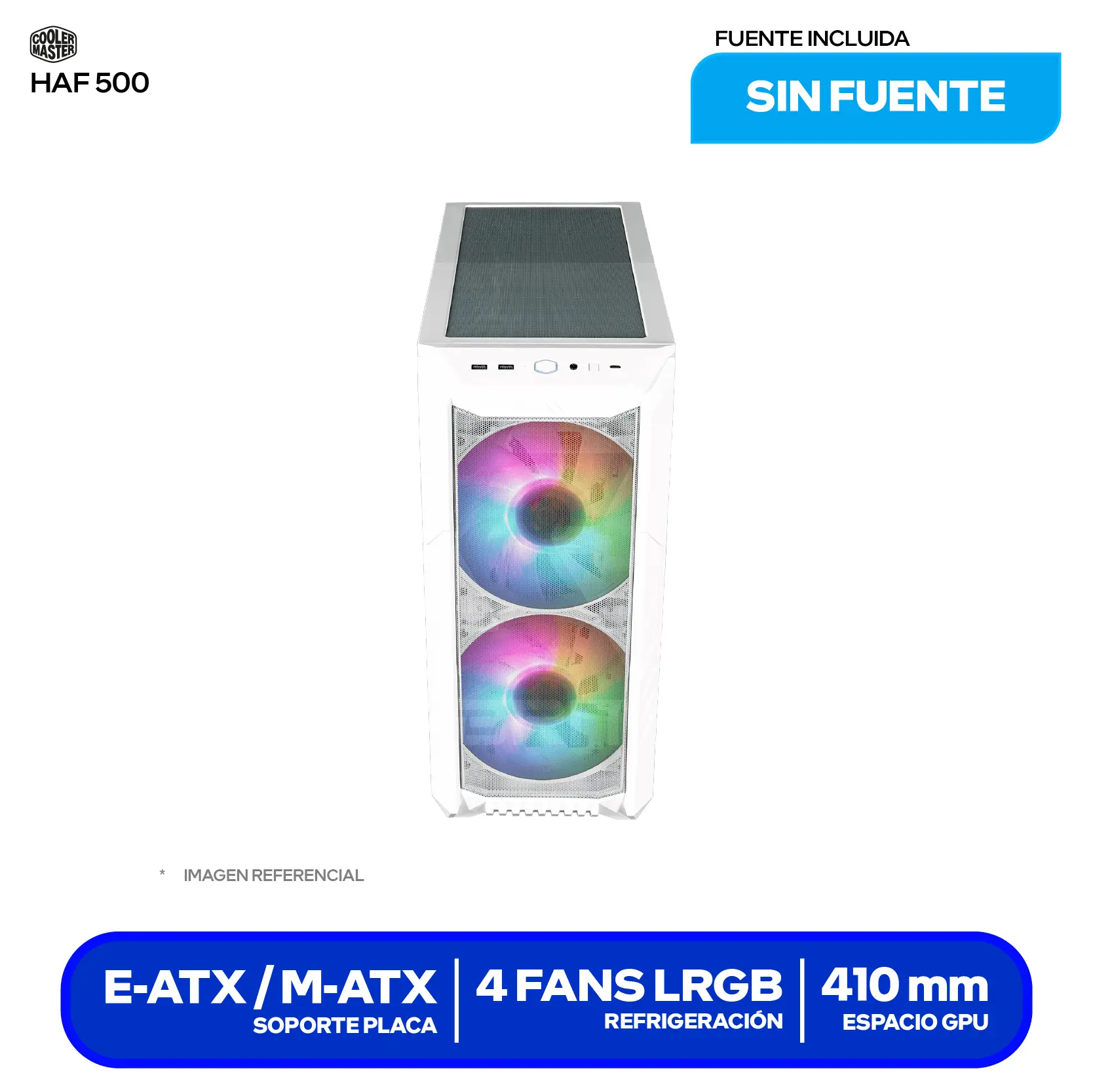 Case Gamer Cooler Master HAF 500 White (H500-WGNN-S00) Sin fuente, Vidrio templado, 4 fans (3 ARGB / 1 Sin LED)