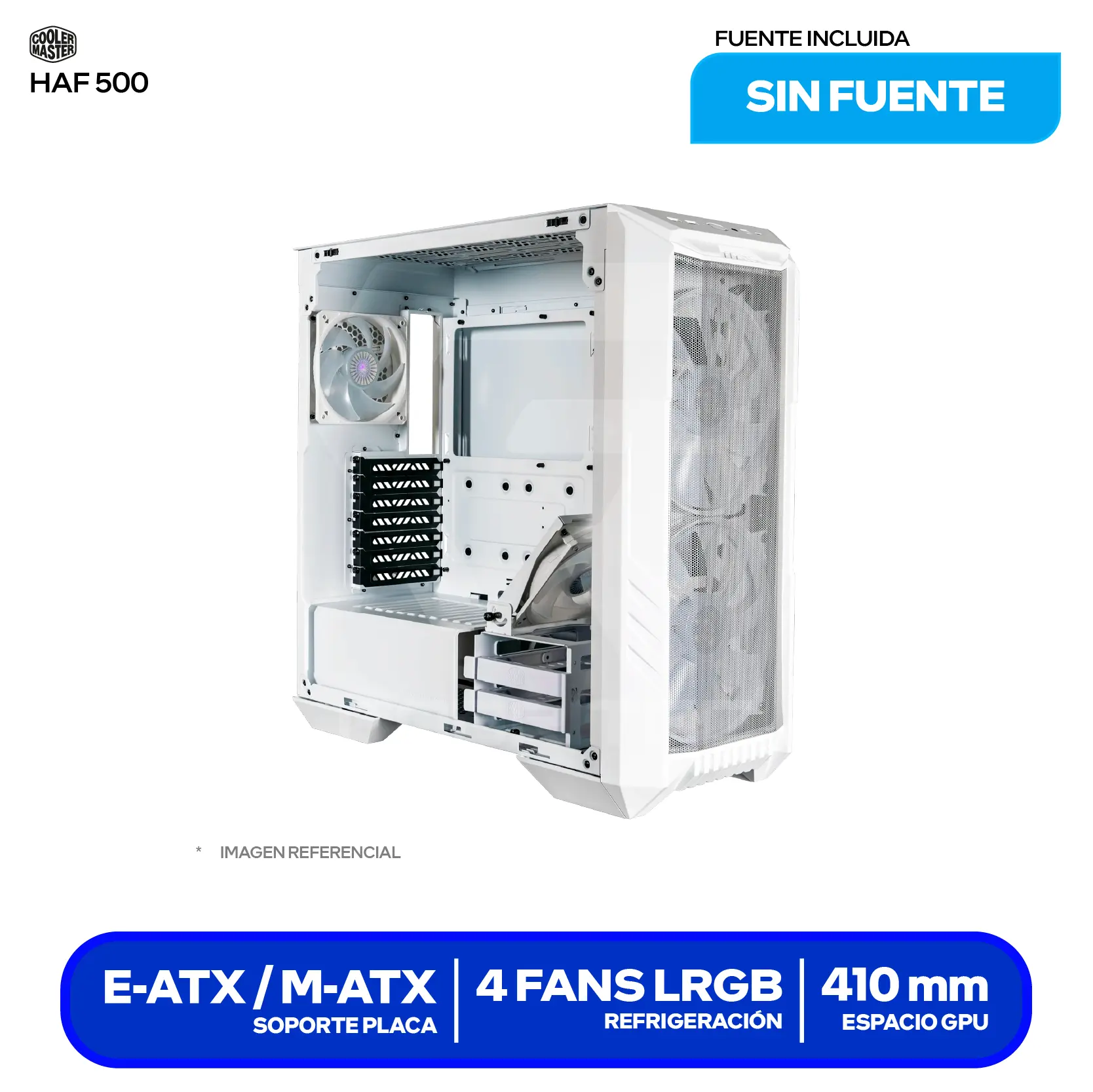 Case Gamer Cooler Master HAF 500 White (H500-WGNN-S00) Sin fuente, Vidrio templado, 4 fans (3 ARGB / 1 Sin LED)