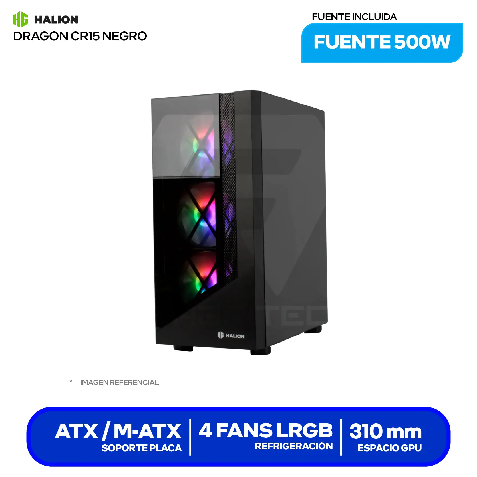 Case Gamer Halion Dragon CR15 White (CR15-B) Con fuente de 500W, Doble vidrio templado, 4 fans LED
