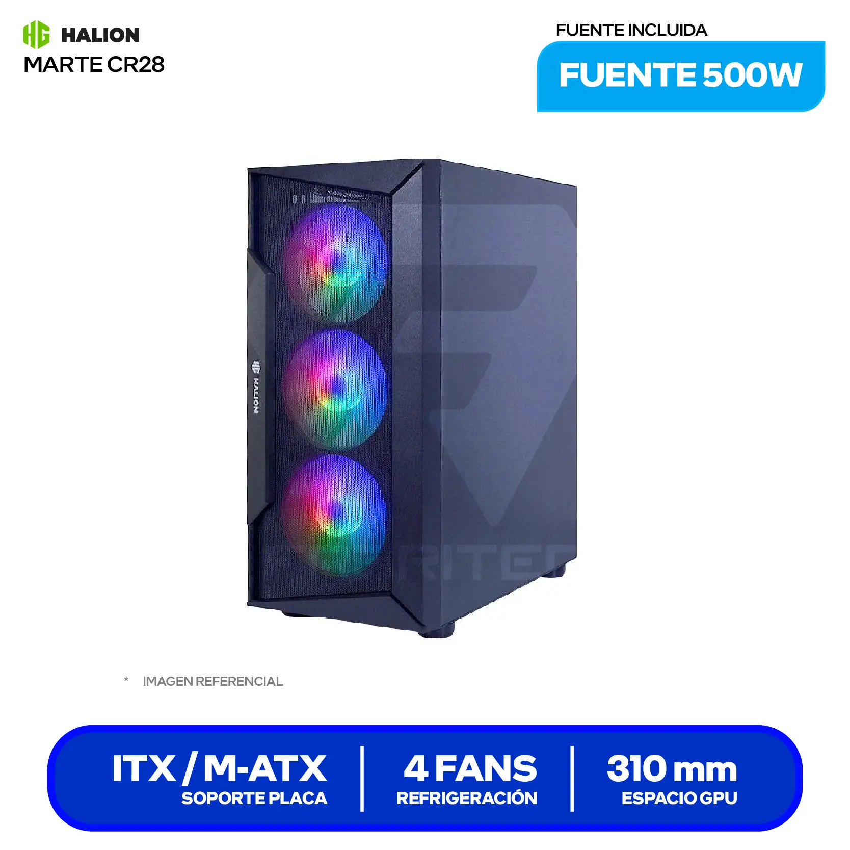 Case Gamer Halion Marte CR28 (CR28) Con fuente de 500W, Vidrio templado, 4 fans LED