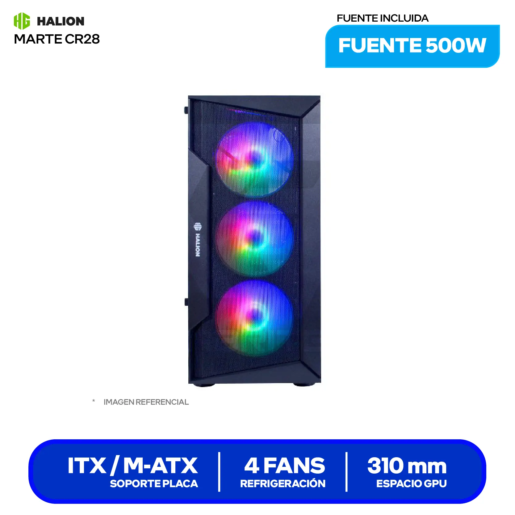 Case Gamer Halion Marte CR28 (CR28) Con fuente de 500W, Vidrio templado, 4 fans LED