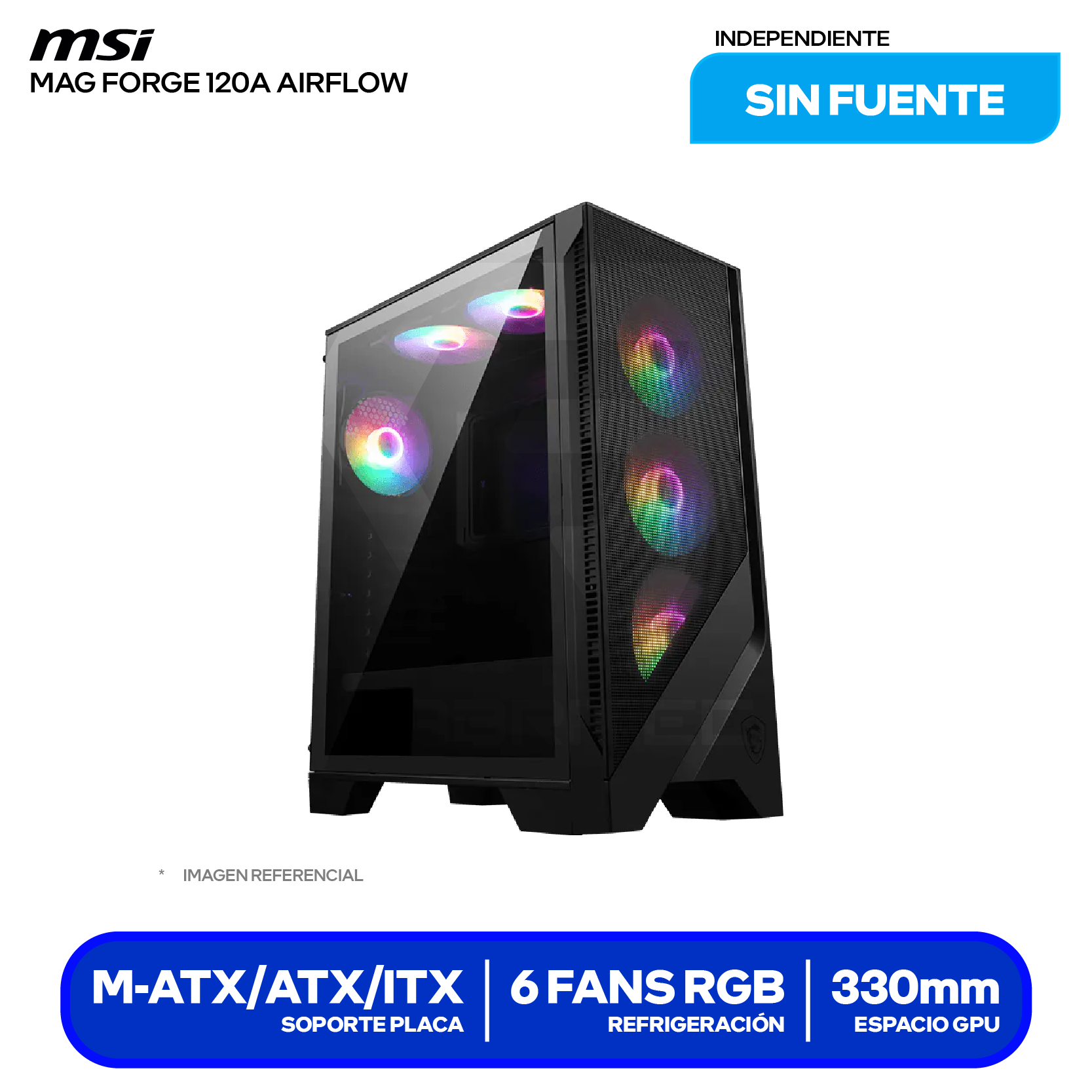 Case Gamer MSI MAG Forge 120A Airflow (MAG FORGE 120A AIRFLOW) Sin fuente, Vidrio templado, 6 fans RGB