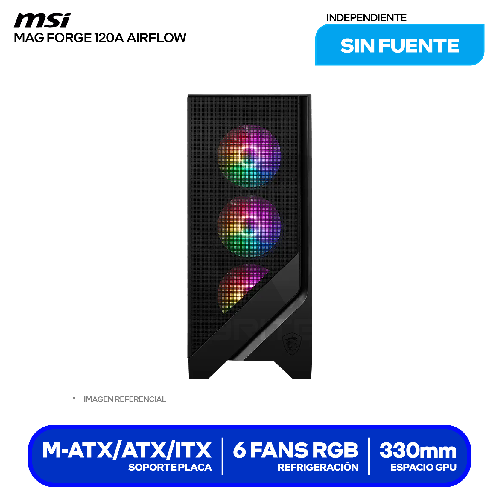 Case Gamer MSI MAG Forge 120A Airflow (MAG FORGE 120A AIRFLOW) Sin fuente, Vidrio templado, 6 fans RGB