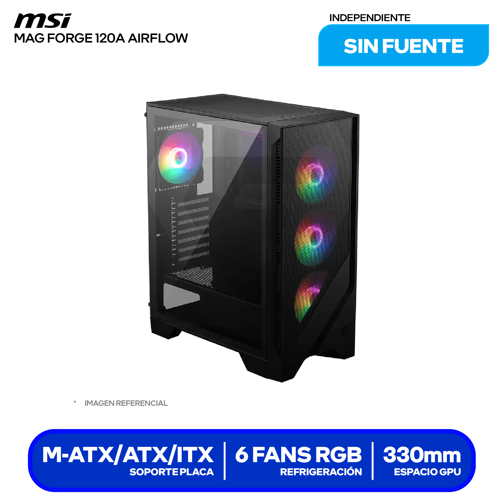 Case Gamer MSI MAG Forge 120A Airflow (MAG FORGE 120A AIRFLOW) Sin fuente, Vidrio templado, 6 fans RGB