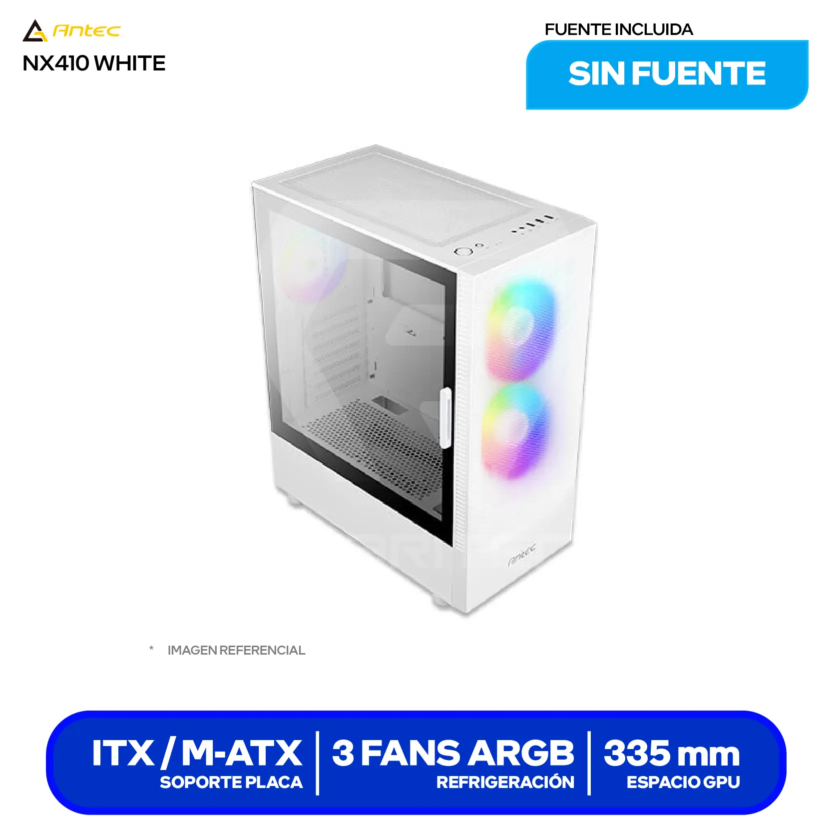 Case Gamer Antec NX410 White (0-761345-81042-5) Sin fuente, Vidrio templado, 3 fans ARGB