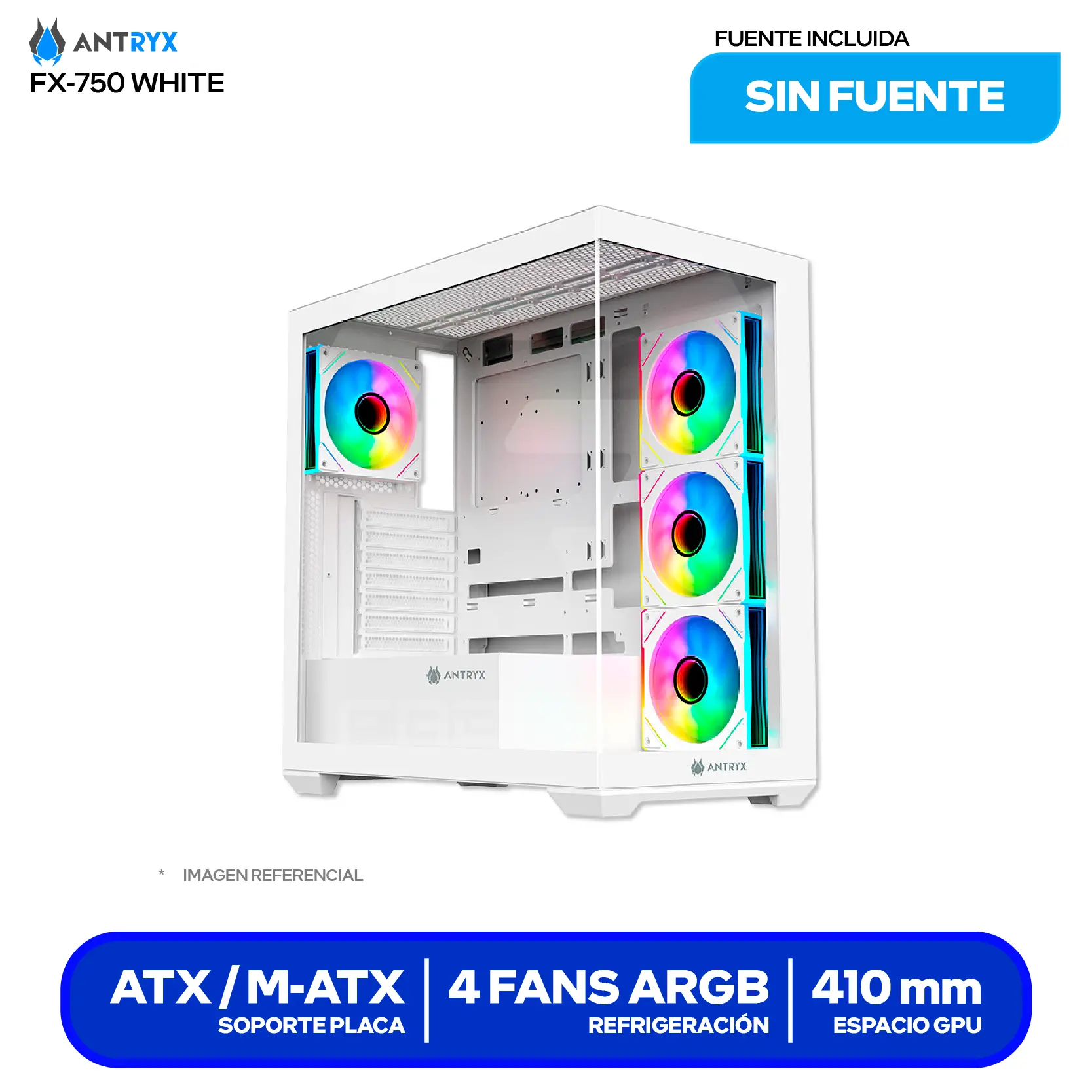 Case Gamer Antryx FX 750 White (AC-FX750W) Sin fuente, Doble vidrio templado, 4 fans ARGB Infinity