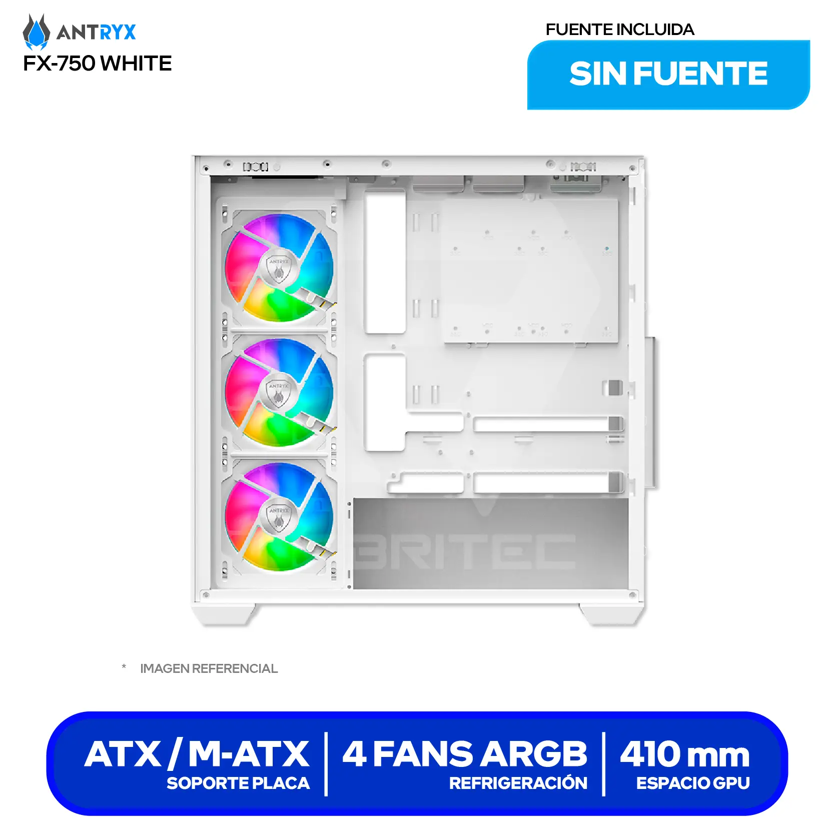 Case Gamer Antryx FX 750 White (AC-FX750W) Sin fuente, Doble vidrio templado, 4 fans ARGB Infinity