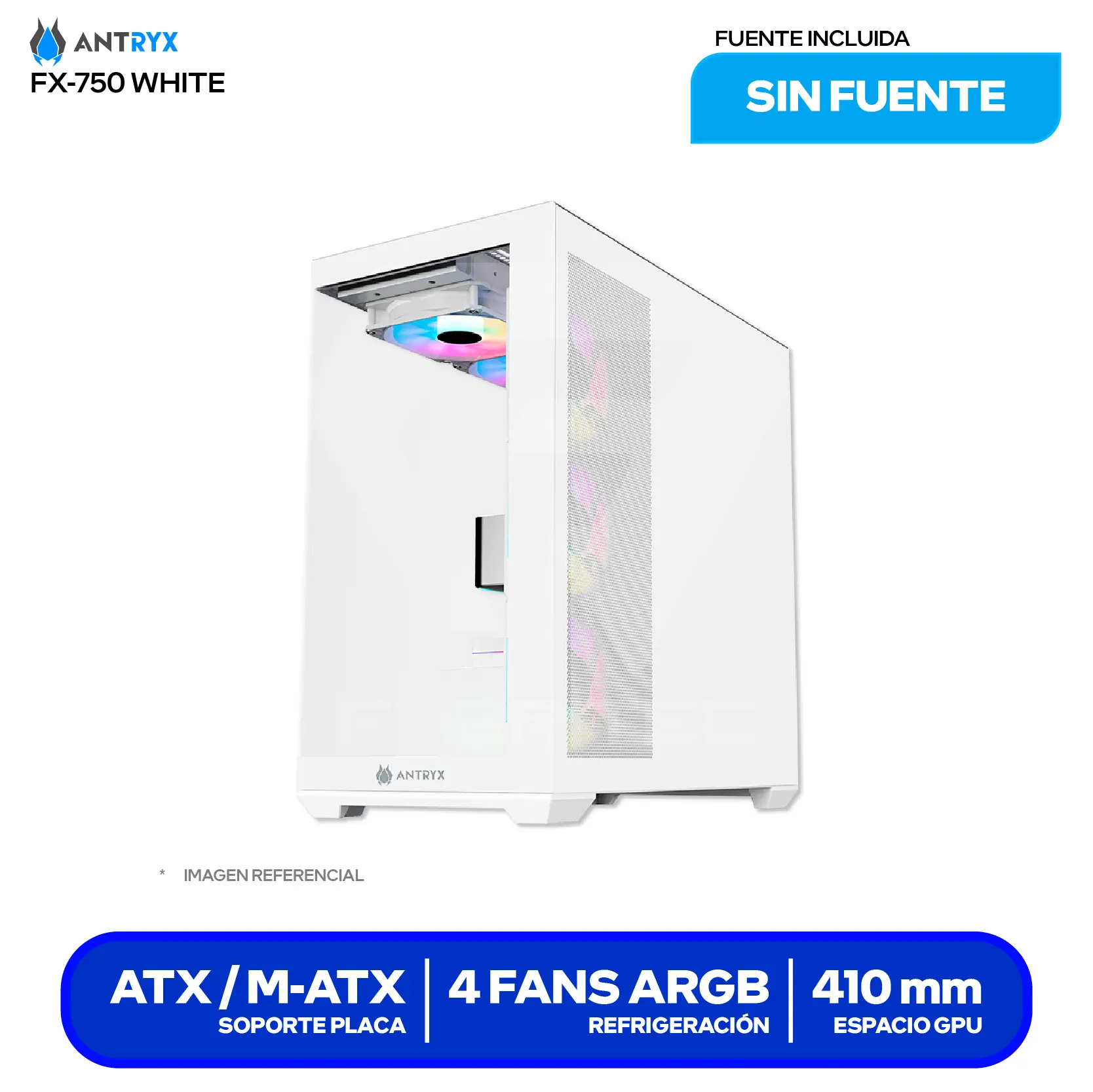 Case Gamer Antryx FX 750 White (AC-FX750W) Sin fuente, Doble vidrio templado, 4 fans ARGB Infinity