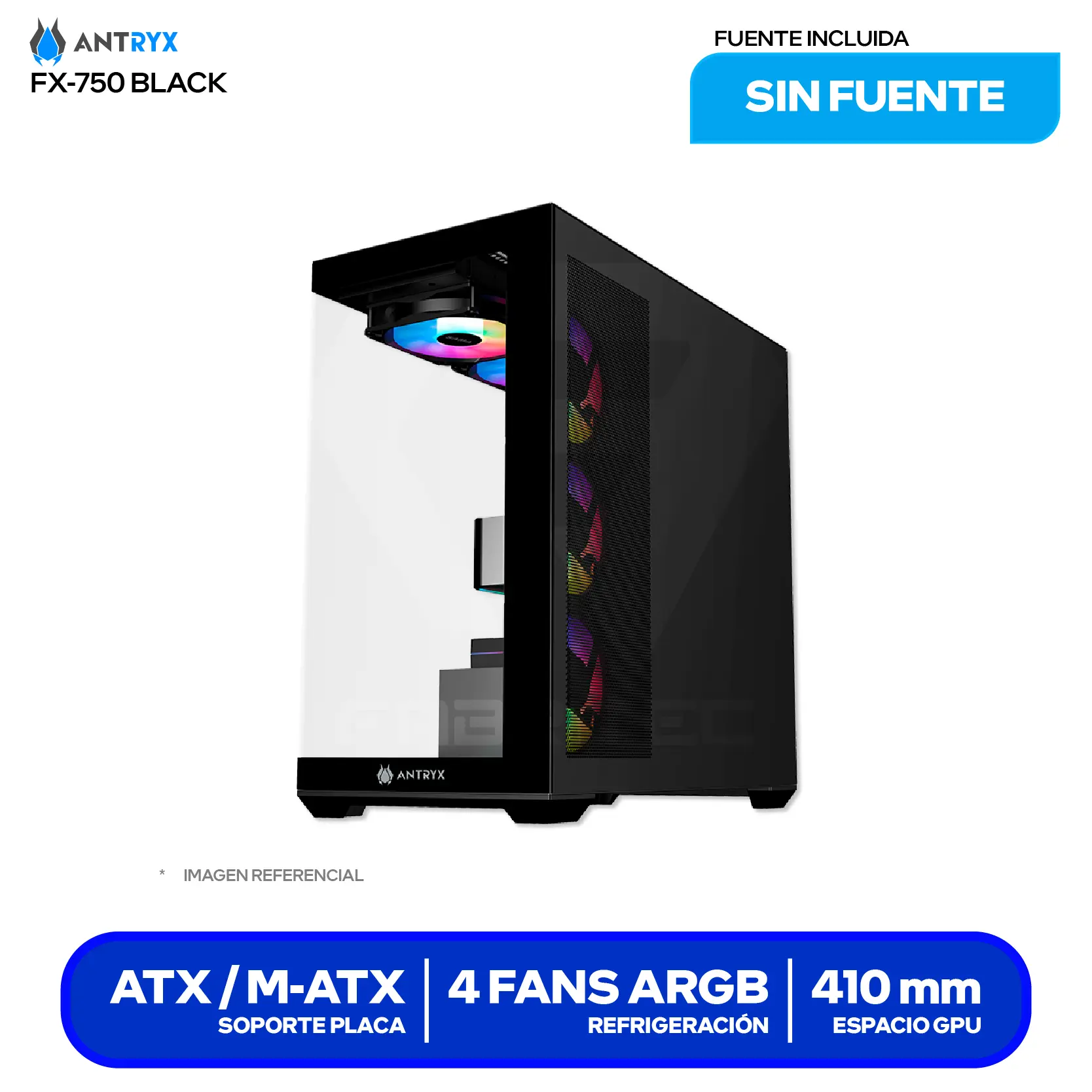 Case Gamer Antryx FX 750 Black (AC-FX750K) Sin fuente, Doble vidrio templado, 4 fans ARGB Infinity