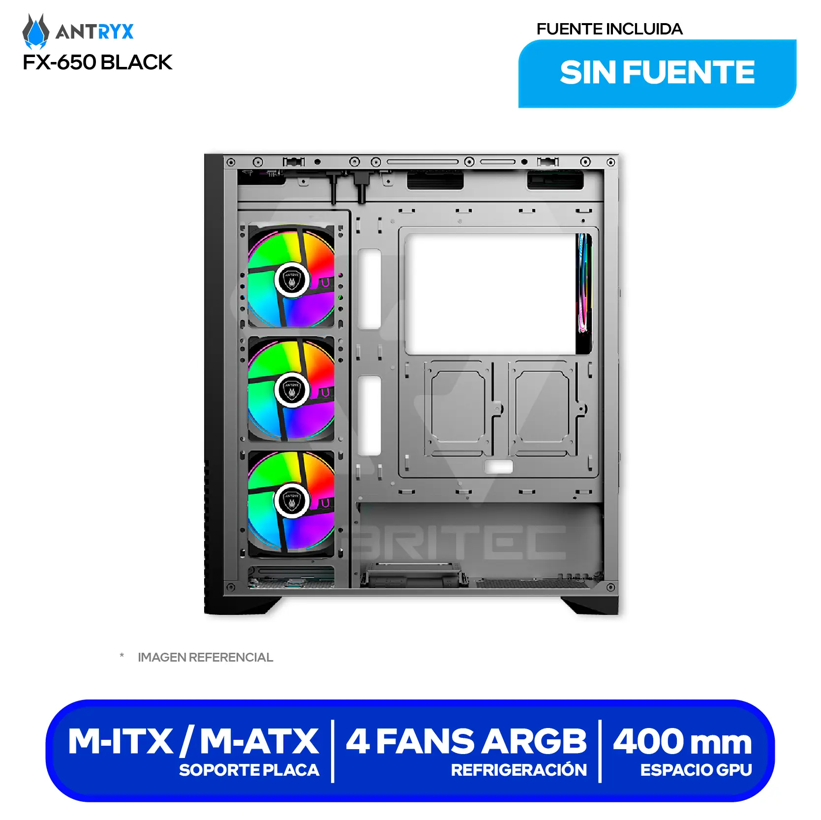 Case Gamer Antryx FX 650 Black (AC-FX650K) Sin fuente, Doble vidrio templado, 4 fans ARGB Infinity