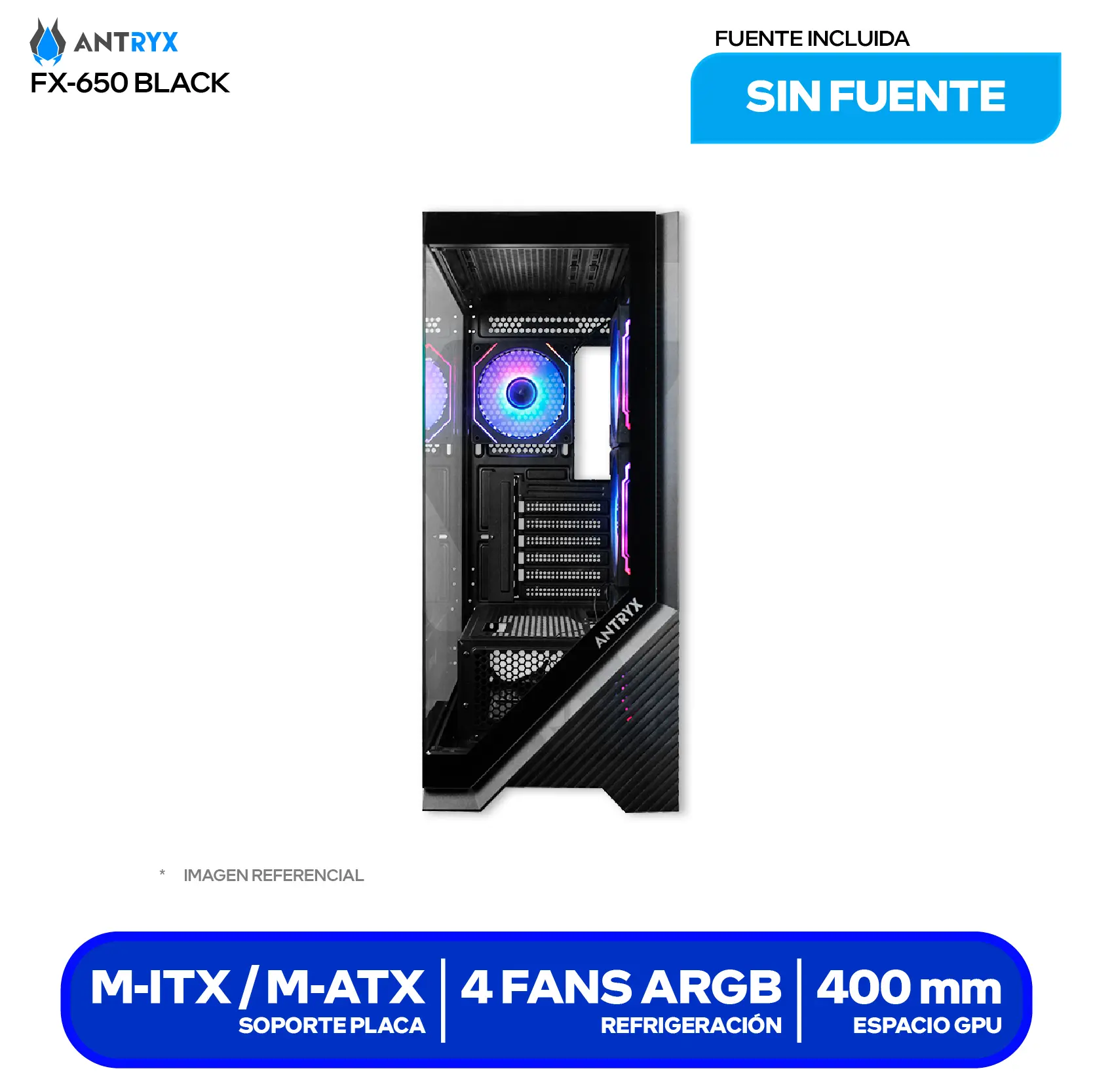 Case Gamer Antryx FX 650 Black (AC-FX650K) Sin fuente, Doble vidrio templado, 4 fans ARGB Infinity