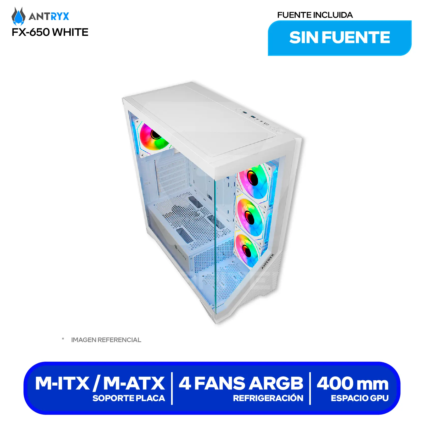 Case Gamer Antryx FX 650 White (AC-FX650W) Sin fuente, Doble vidrio templado, 4 fans ARGB Infinity