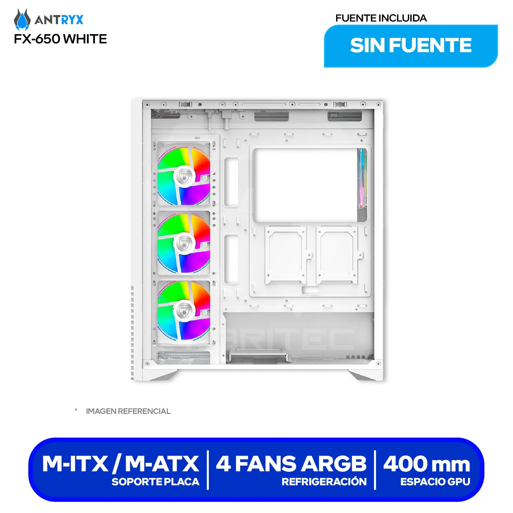 Case Gamer Antryx FX 650 White (AC-FX650W) Sin fuente, Doble vidrio templado, 4 fans ARGB Infinity