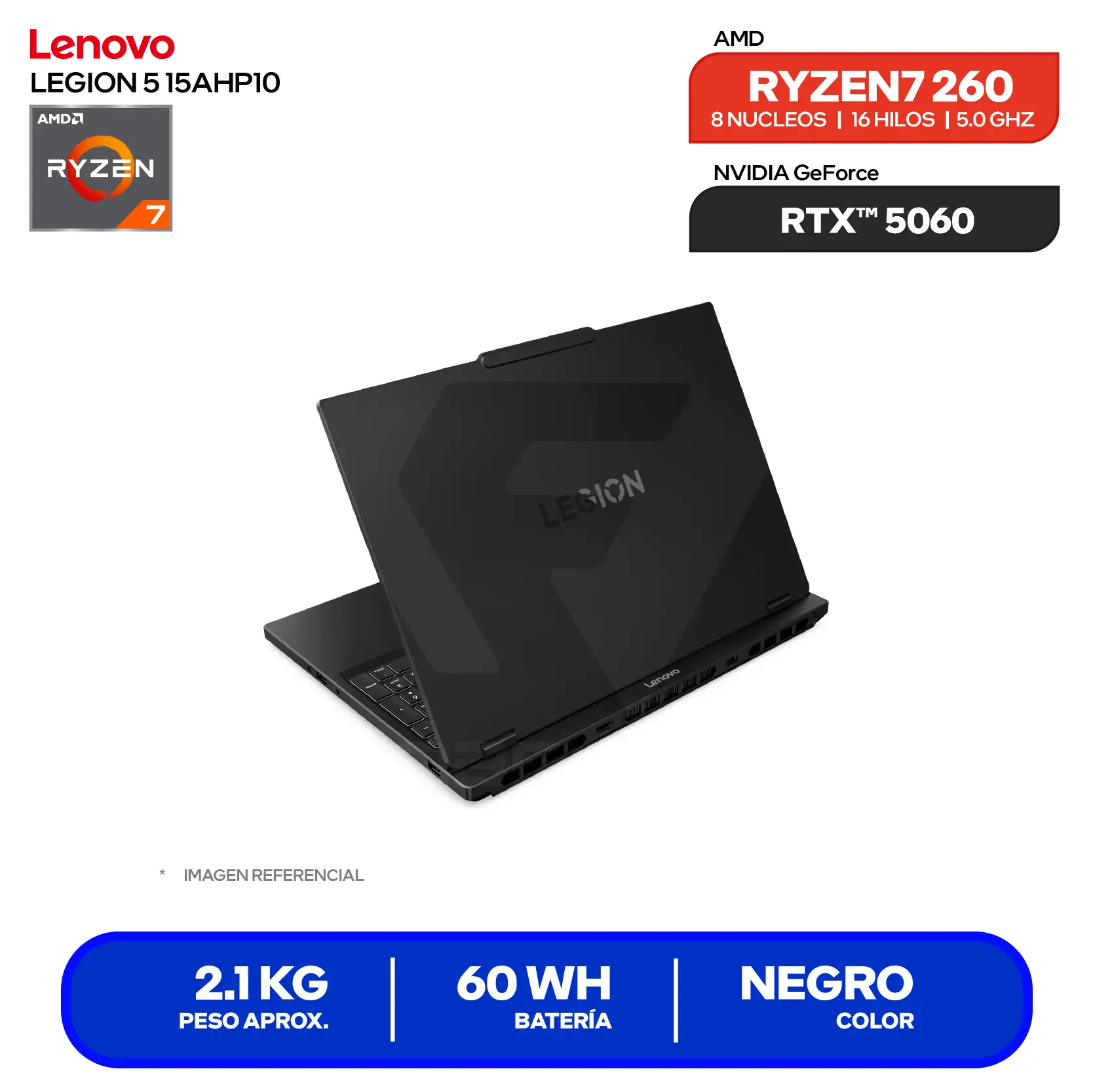 Laptop Gamer Lenovo Legion 5 15AHP10  (83M0005GLM) AMD Ryzen 7 260, 16GB RAM, 1TB SSD, RTX 5060 8GB, 15.3" FHD+, FreeDOS