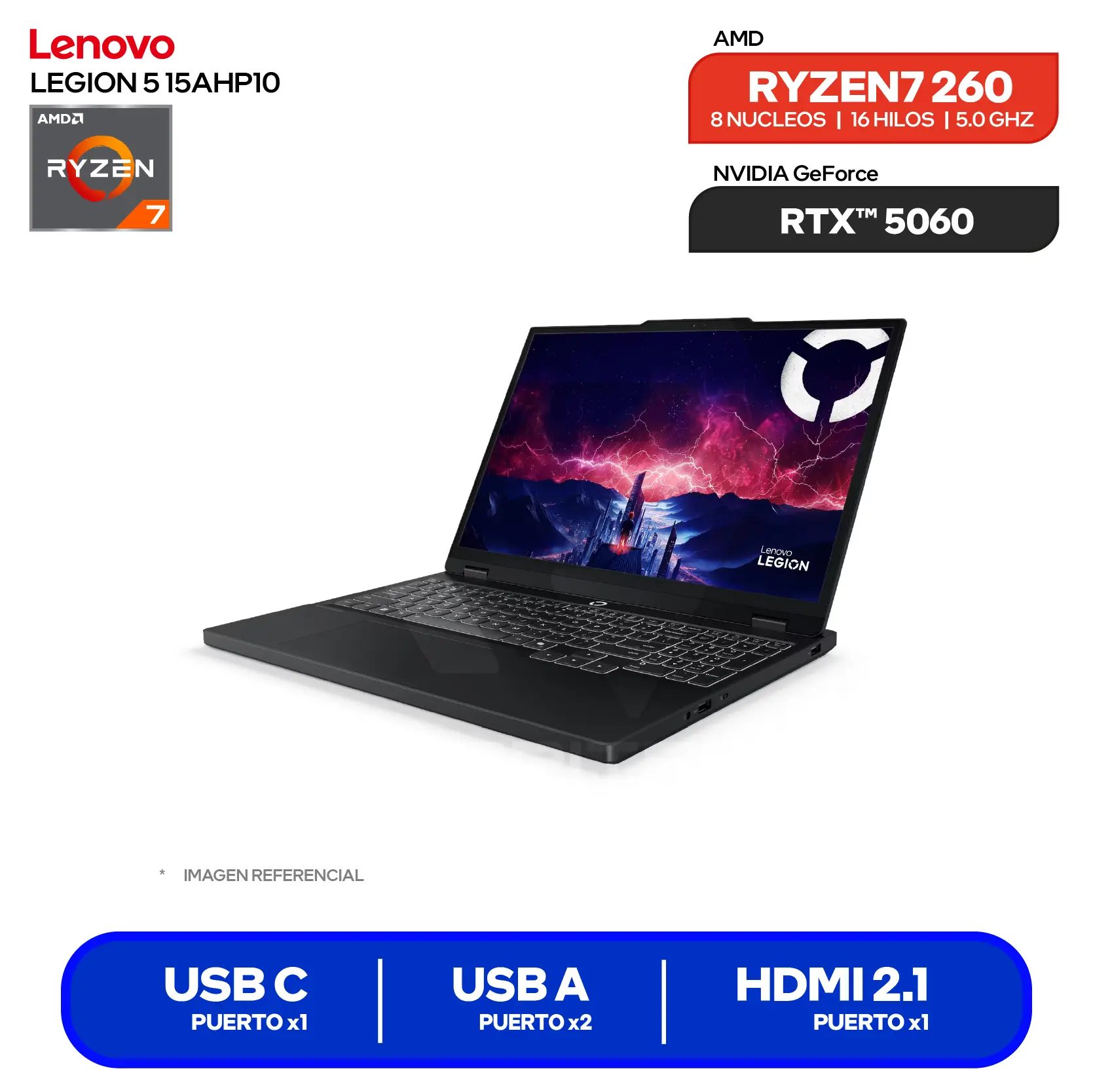 Laptop Gamer Lenovo Legion 5 15AHP10  (83M0005GLM) AMD Ryzen 7 260, 16GB RAM, 1TB SSD, RTX 5060 8GB, 15.3" FHD+, FreeDOS