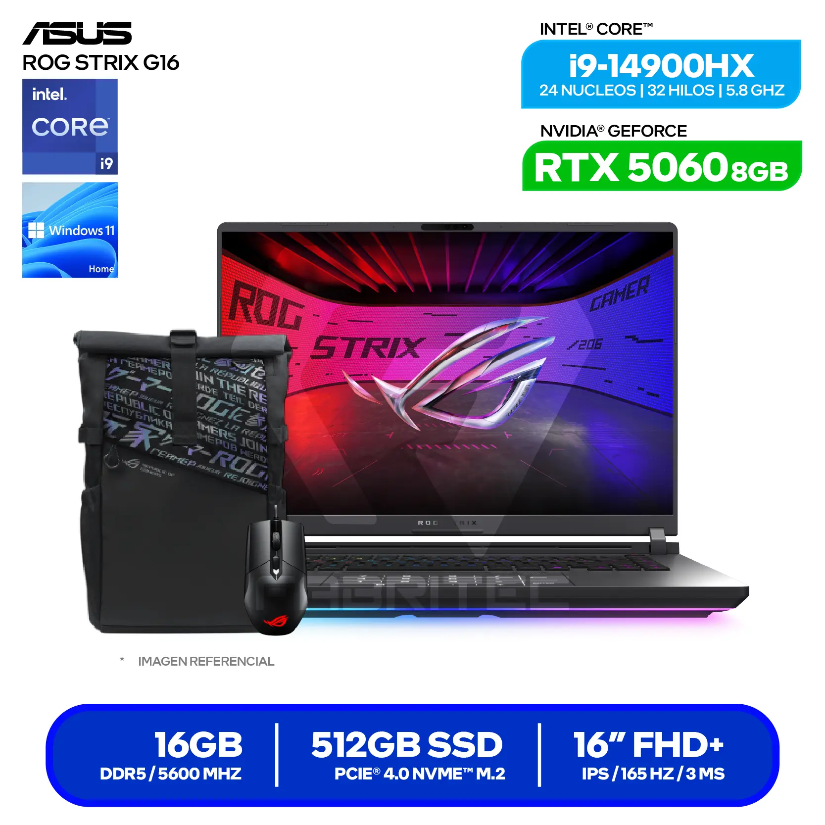 Laptop Asus Rog Strix G16 G615JMR-RV396W(90NR0LB1-M00JJ0) Intel Core i9-14900H, GeForce RTX 5060 8GB, 16GB RAM, 512GB SSD, 16'' FHD+, Windows 11 Home