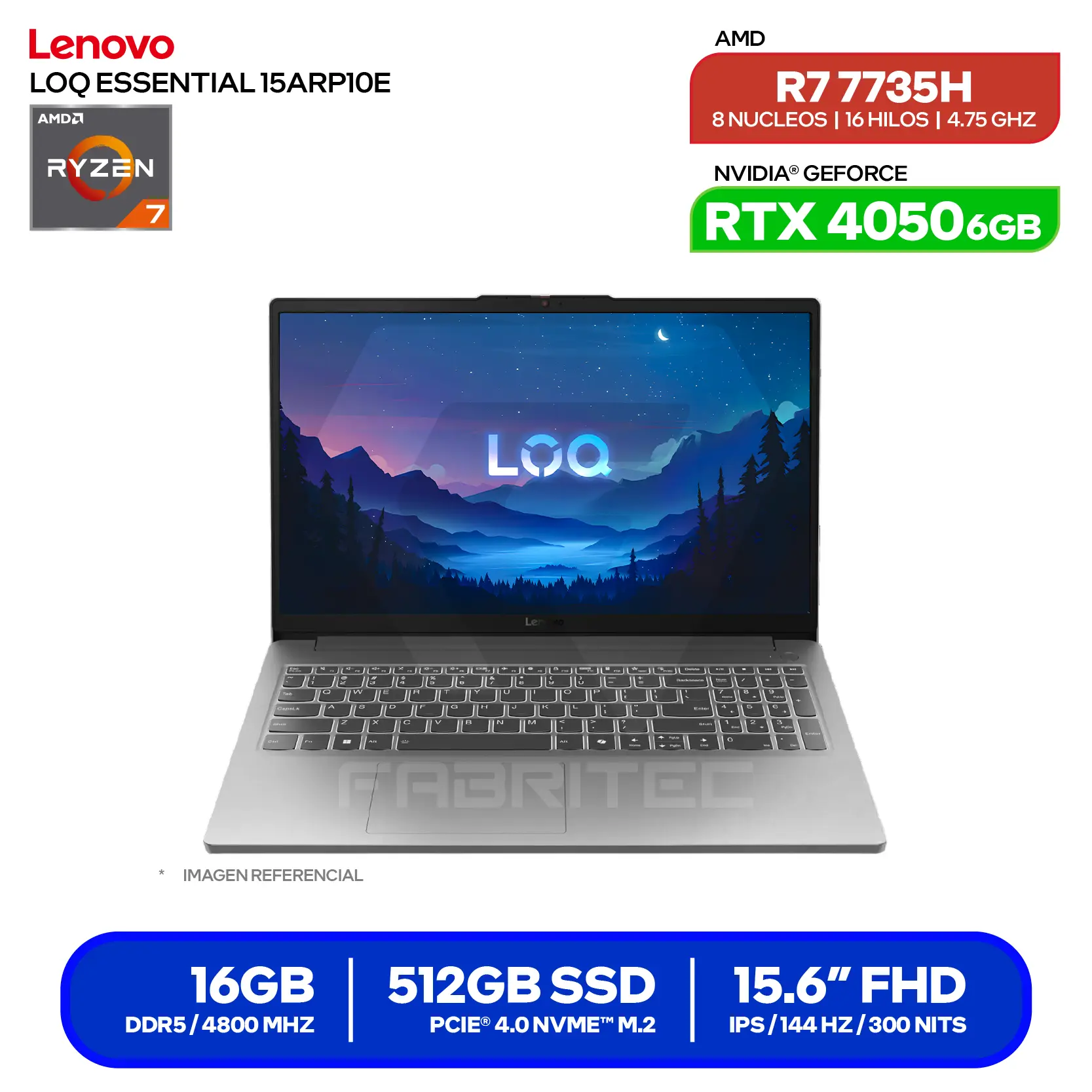 Laptop Lenovo LOQ Essential 15ARP10E (83S0001LLM) AMD Ryzen 7 7735HS, GeForce RTX 4050 6GB, 16GB RAM, 512GB SSD, 15.6'' FHD, FreeDos
