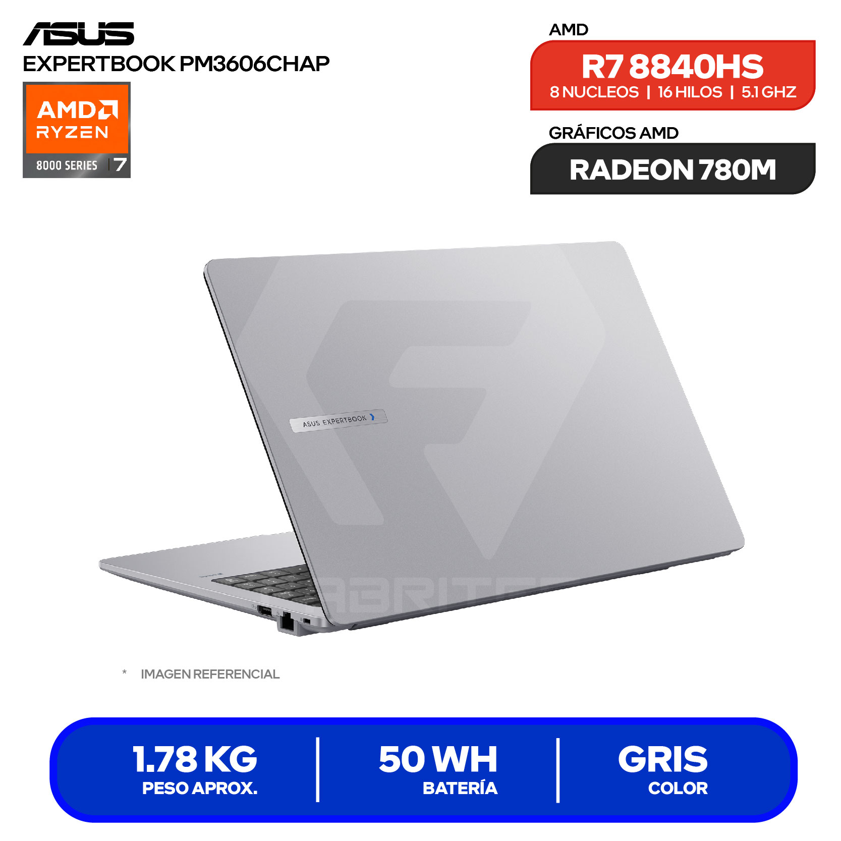 Laptop Asus Expertbook PM3606CHAP-MB0179 (90NX09T1-M00680) AMD Ryzen 7 8840HS, RAM 16GB, SSD 512GB, 16'' FHD+, FreeDos