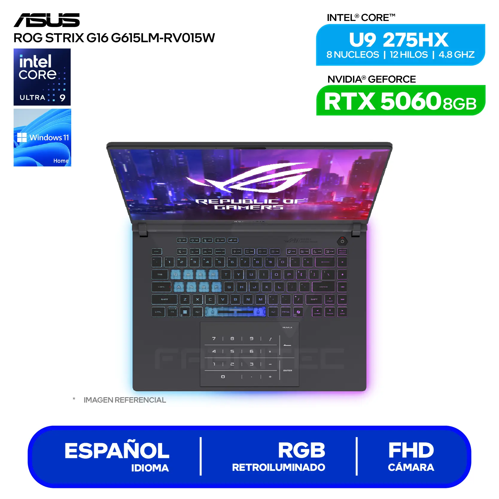 Laptop Asus Rog Strix G16 G615LM-RV015W (90NR0LJ1-M000K0) Intel Core Ultra 9-275HX, GeForce RTX 5060 8GB, 16GB RAM, 1TB SSD, 16'' FHD+, Windows 11 Home