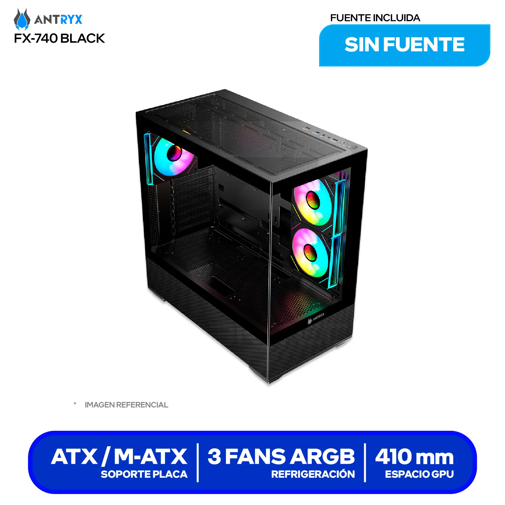 Case Gamer Antryx FX 740 Black (AC-FX740K) Sin fuente, Vidrio templado, 3 fans ARGB