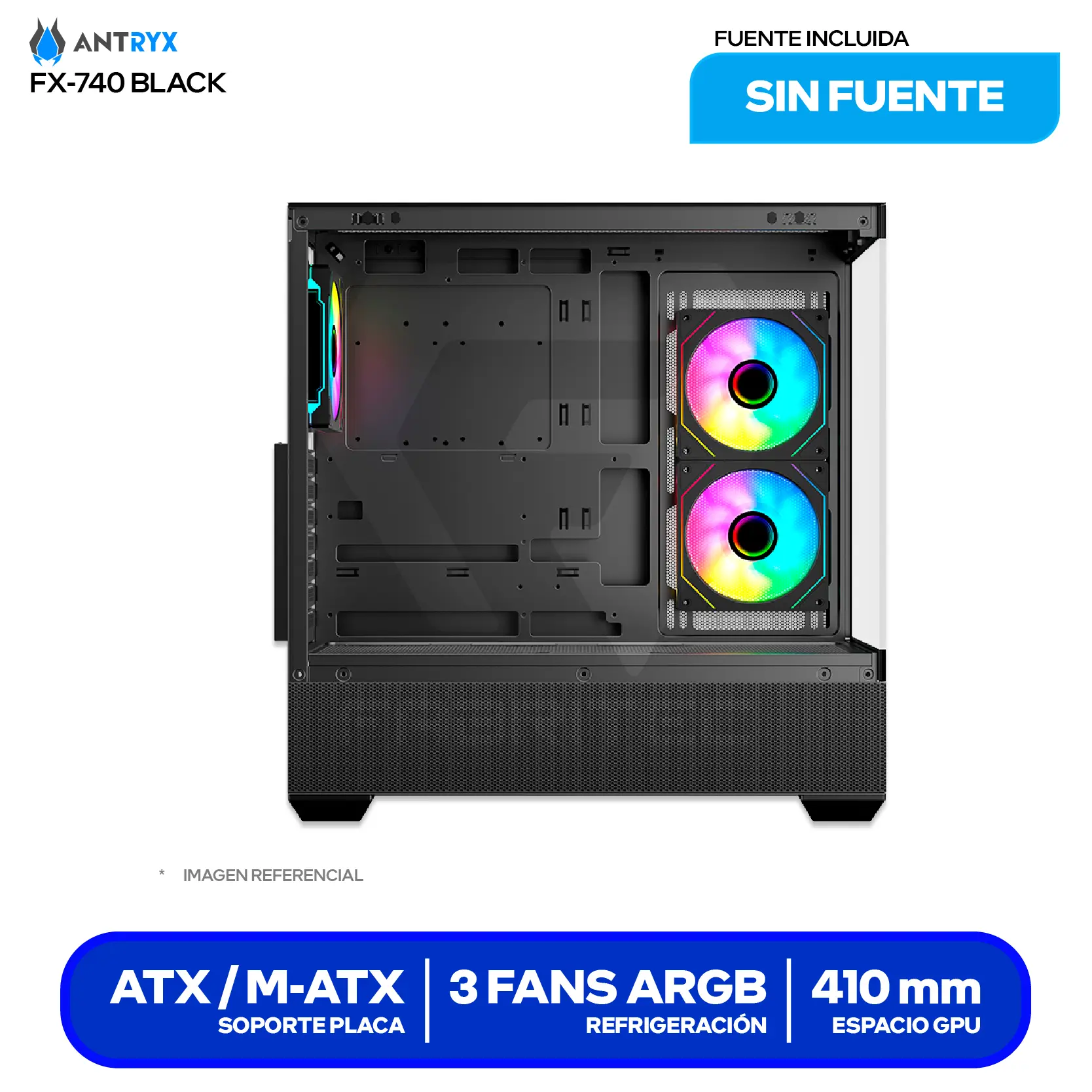 Case Gamer Antryx FX 740 Black (AC-FX740K) Sin fuente, Vidrio templado, 3 fans ARGB