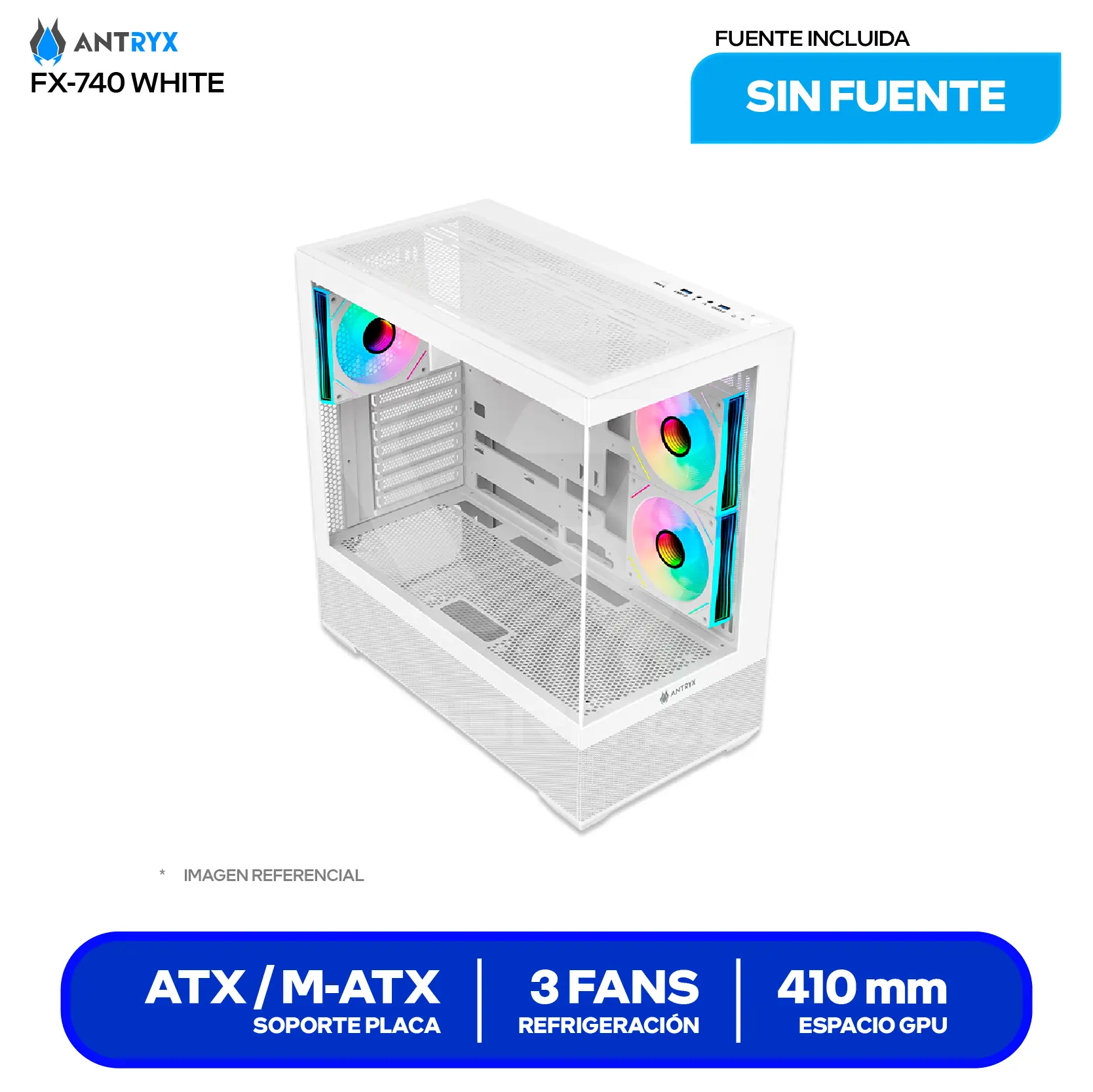 Case Gamer Antryx FX 740 White (AC-FX740W) Sin fuente, Vidrio templado, 3 fans ARGB