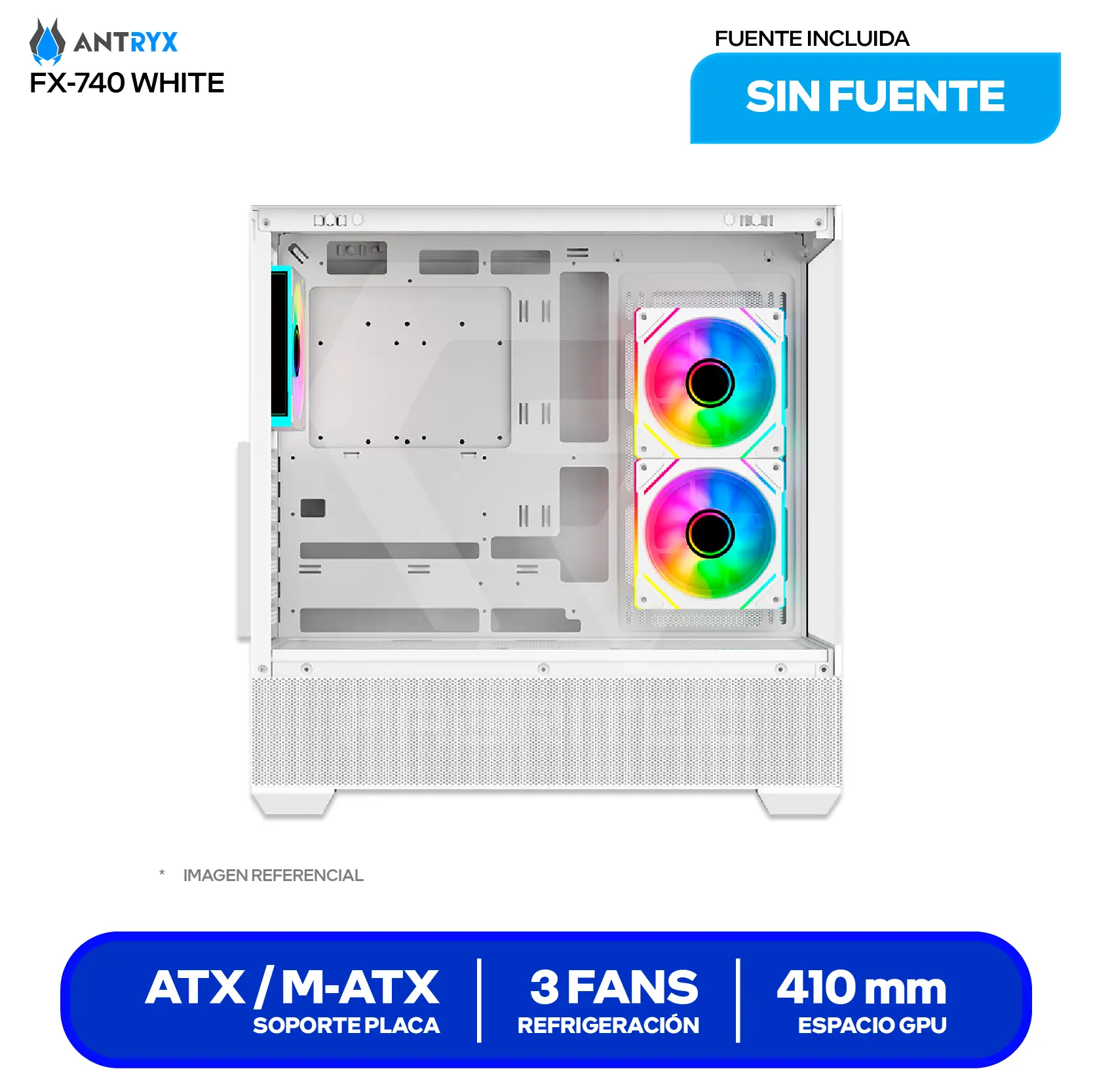Case Gamer Antryx FX 740 White (AC-FX740W) Sin fuente, Vidrio templado, 3 fans ARGB