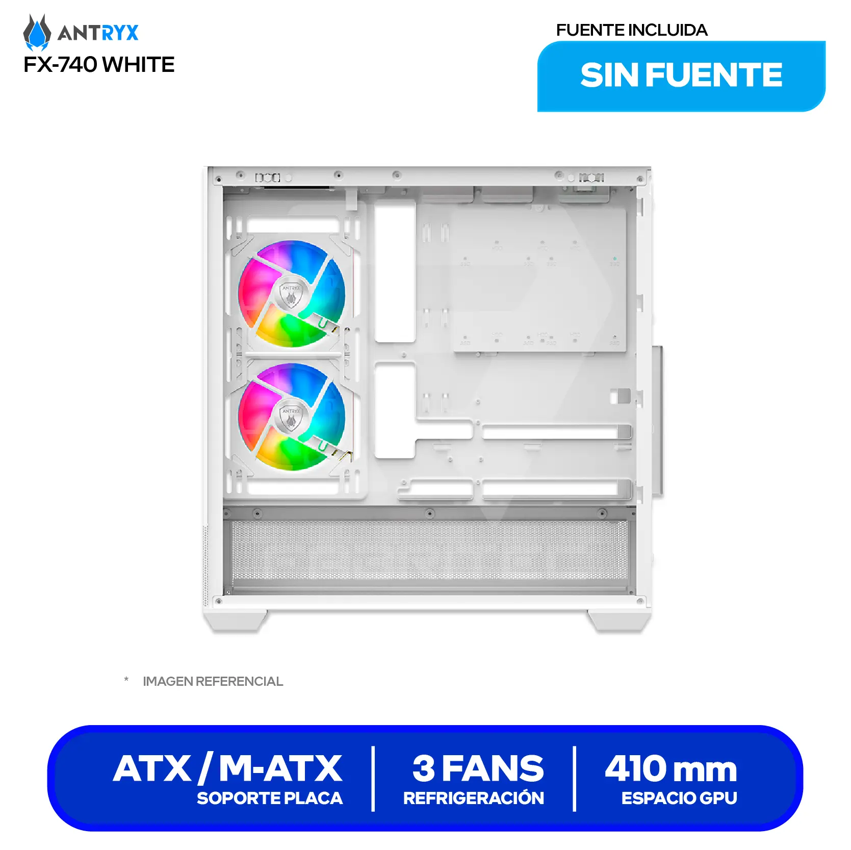 Case Gamer Antryx FX 740 White (AC-FX740W) Sin fuente, Vidrio templado, 3 fans ARGB