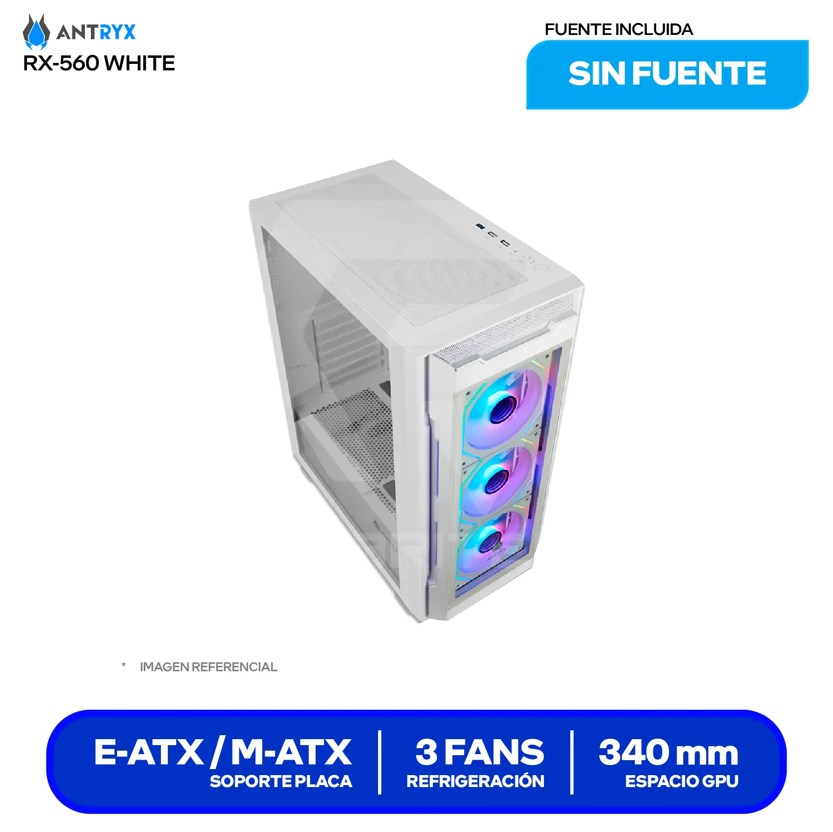 Case Gamer Antryx RX-560 White (AC-RX560W) Sin fuente, Vidrio templado, 3 fans ARGB