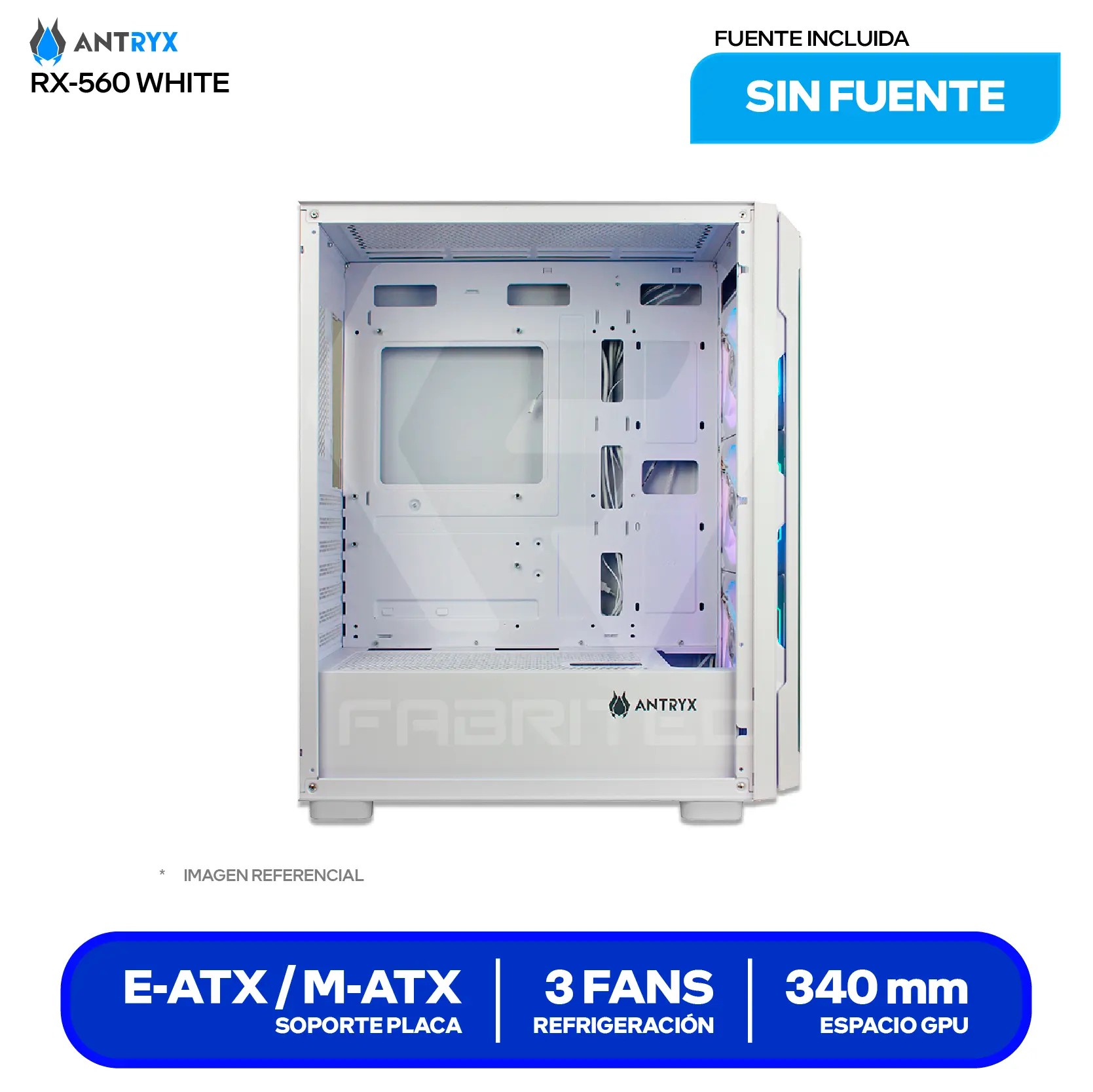 Case Gamer Antryx RX-560 White (AC-RX560W) Sin fuente, Vidrio templado, 3 fans ARGB