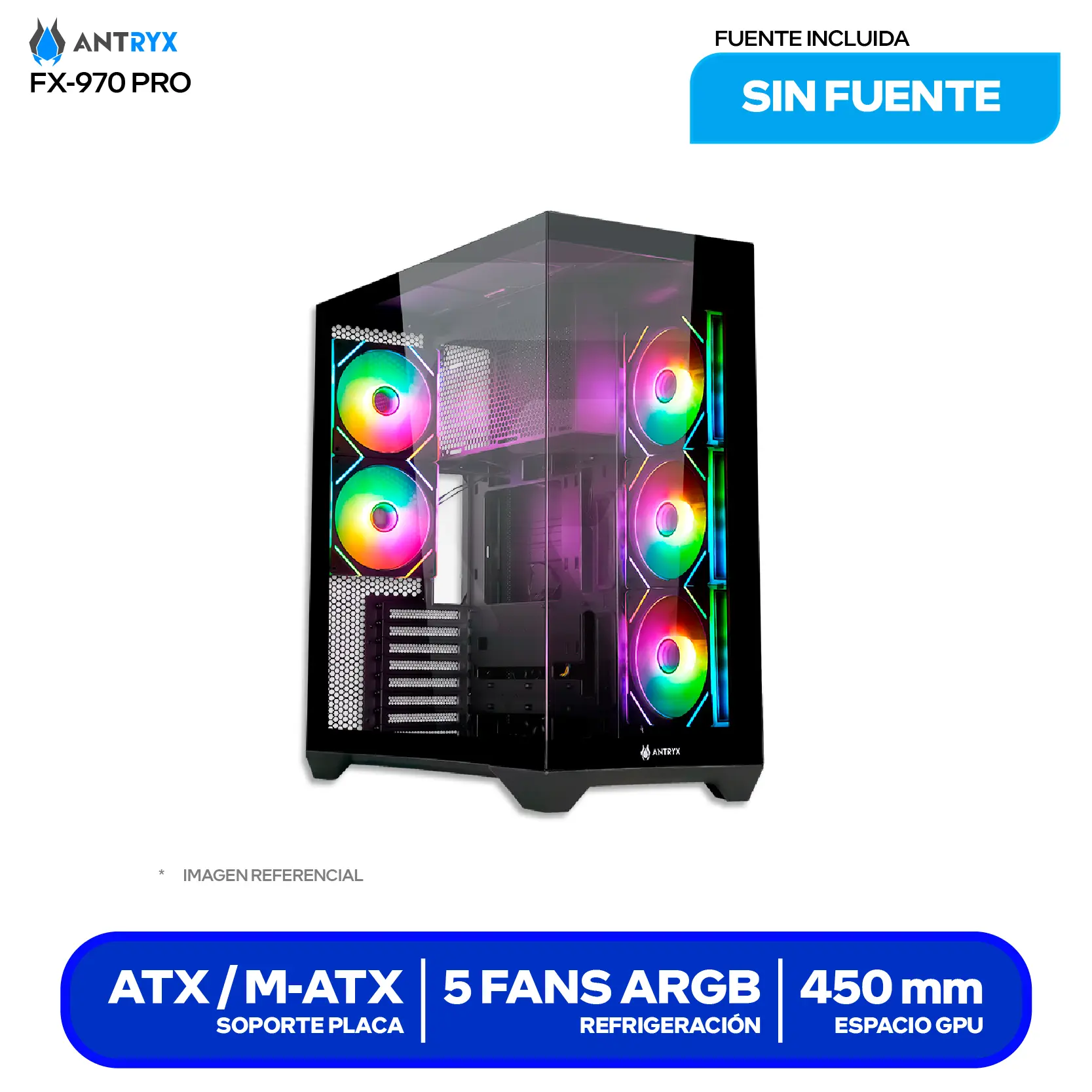 Case Gamer Antryx FX 970 Pro Black (AC-FX970KP) Sin fuente, Vidrio templado, 5 fans ARGB