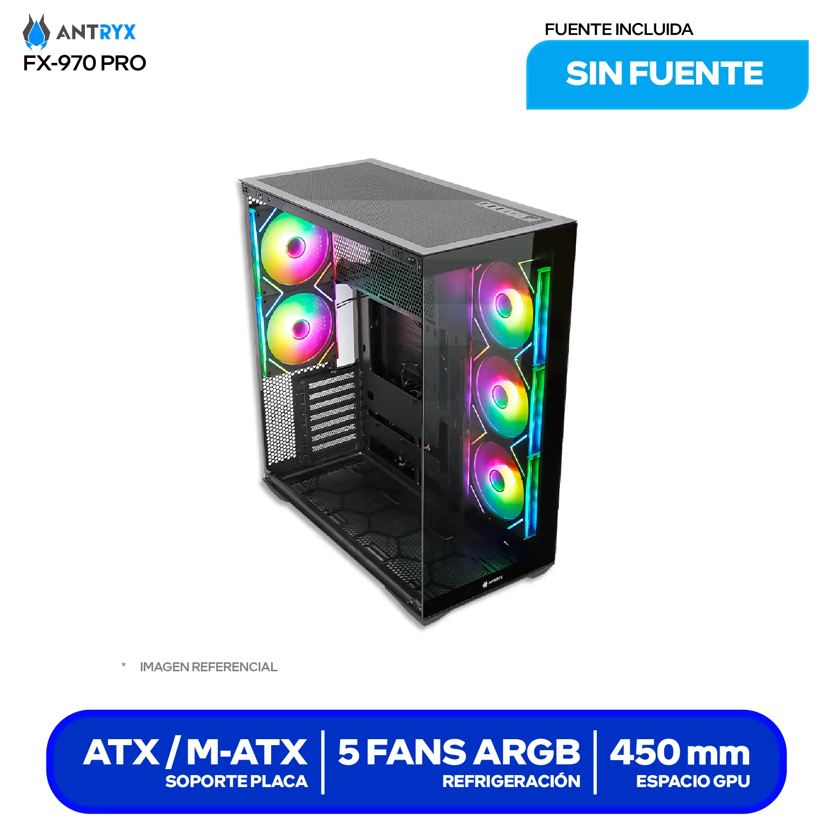 Case Gamer Antryx FX 970 Pro Black (AC-FX970KP) Sin fuente, Vidrio templado, 5 fans ARGB