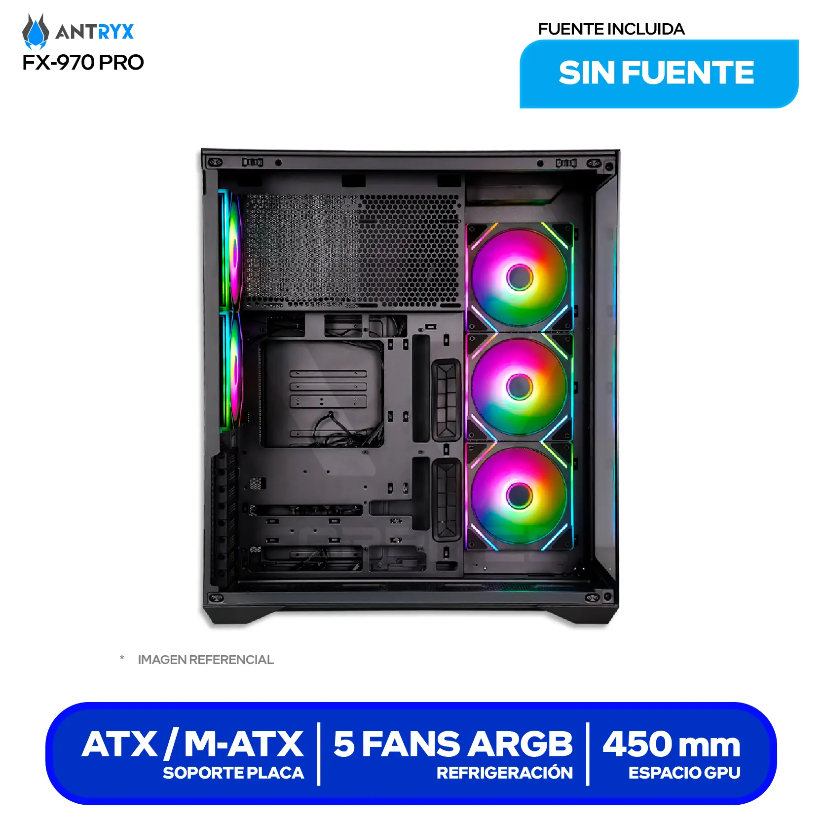 Case Gamer Antryx FX 970 Pro Black (AC-FX970KP) Sin fuente, Vidrio templado, 5 fans ARGB