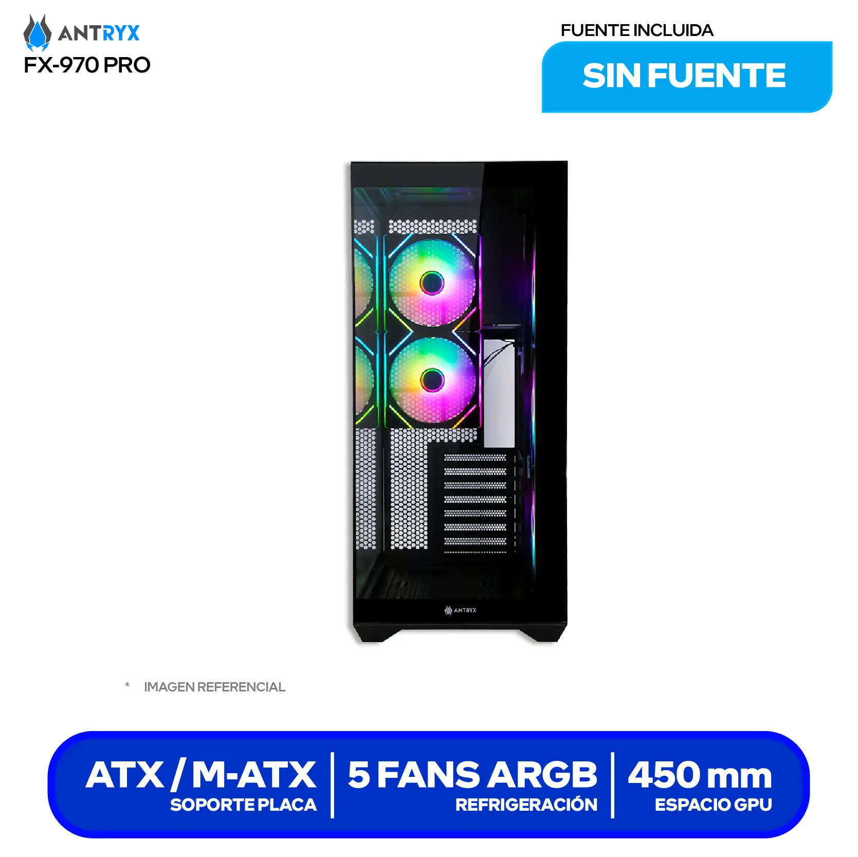 Case Gamer Antryx FX 970 Pro Black (AC-FX970KP) Sin fuente, Vidrio templado, 5 fans ARGB