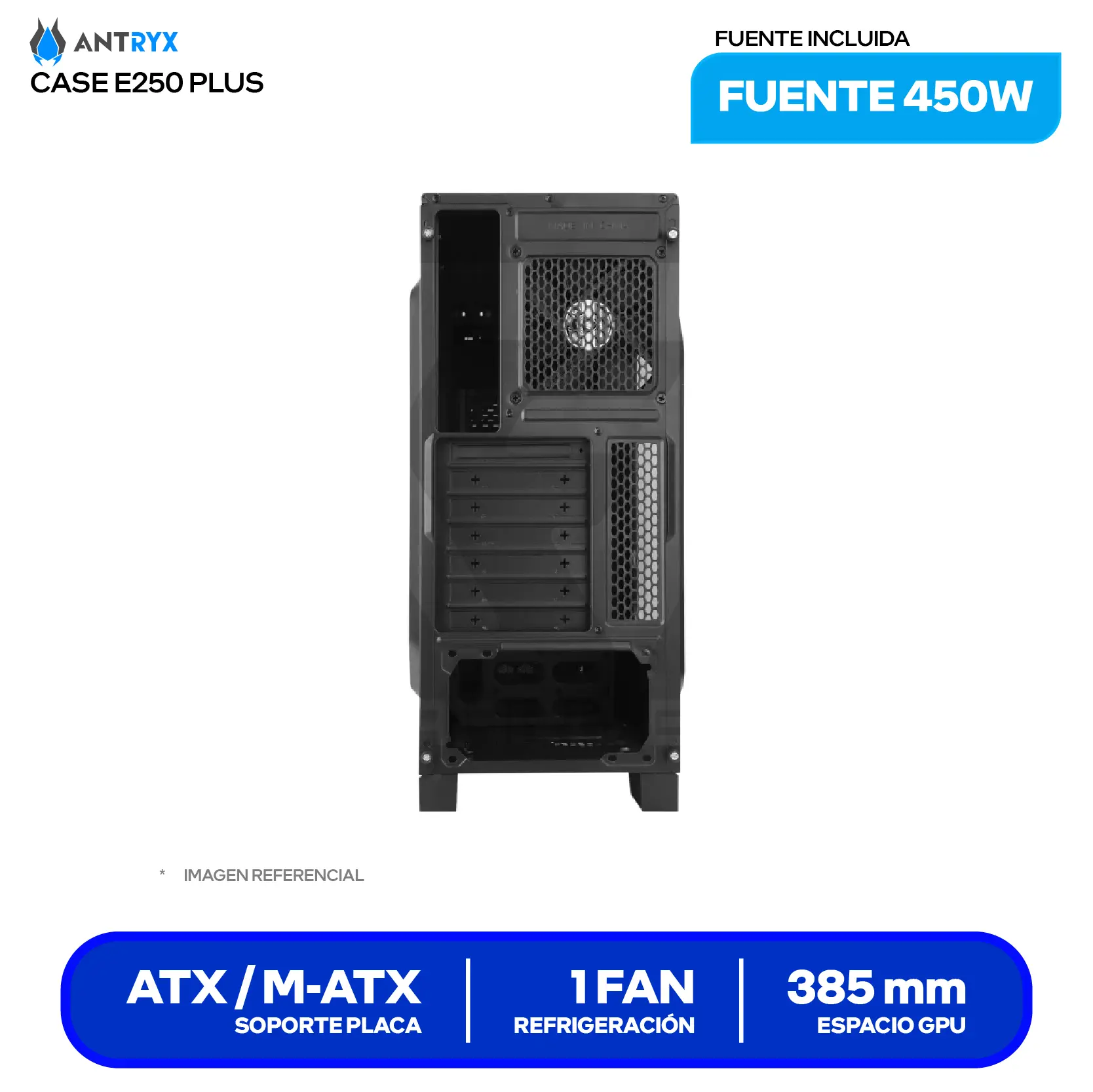 Case Gamer Antryx Xtreme E250 Plus (AC-XE250PKN-450CPR1) Sin fuente, 1 fan