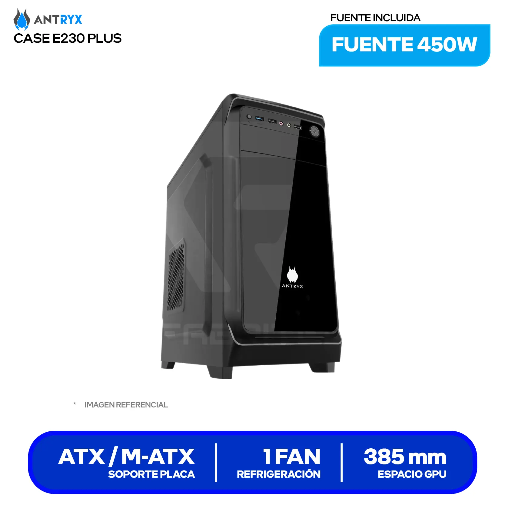 Case Gamer Antryx Xtreme E230 Plus (AC-XE230PSN-450CPR1) Sin fuente, 1 fan