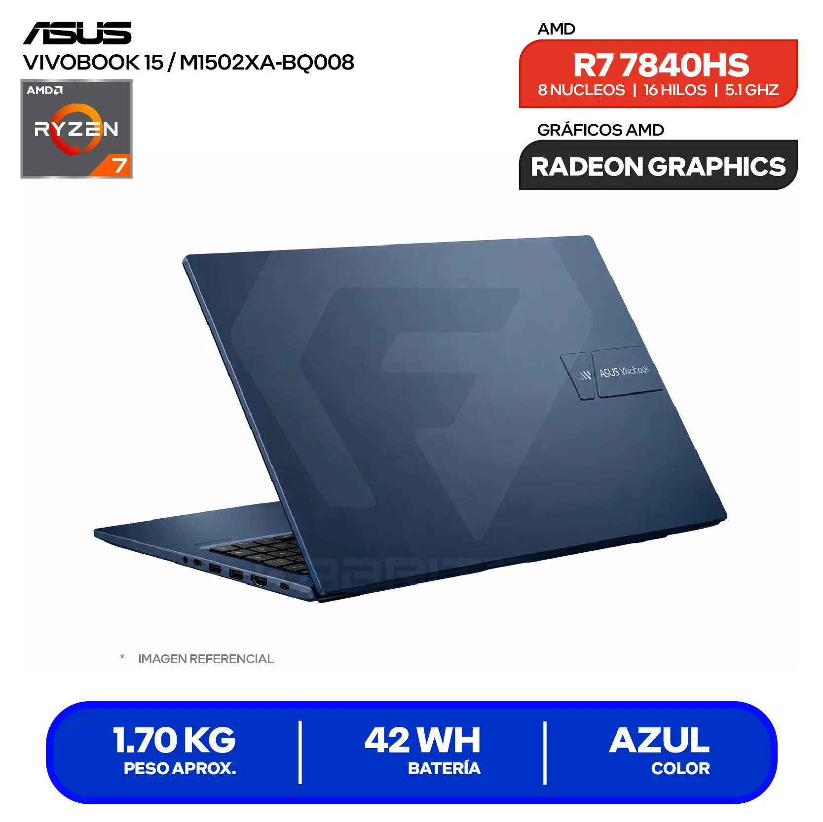 Laptop Asus Vivobook M1502XA-BQ008 (90NB19L1-M000B0) AMD Ryzen 7 7840, 8GB RAM, 512GB SSD, 15.6'' FHD, FreeDos