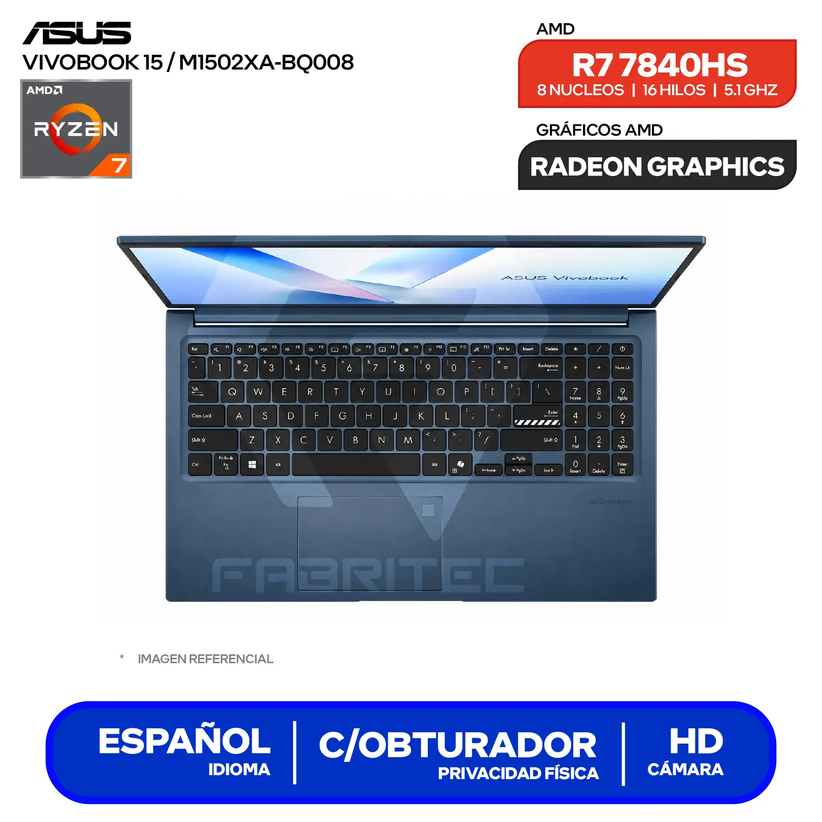 Laptop Asus Vivobook M1502XA-BQ008 (90NB19L1-M000B0) AMD Ryzen 7 7840, 8GB RAM, 512GB SSD, 15.6'' FHD, FreeDos