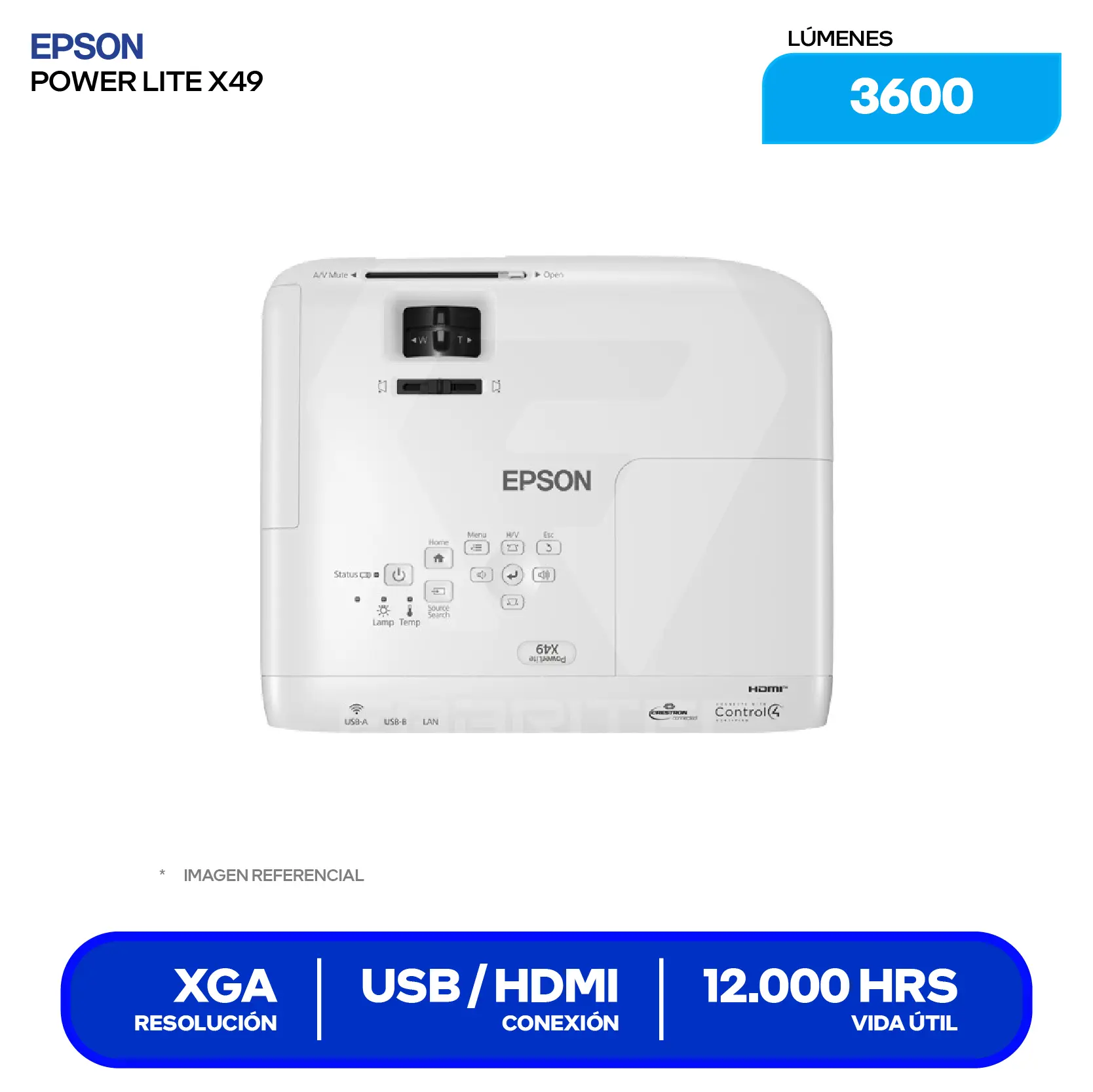 Proyector Epson PowerLite X49 (H982A), 3600 Lúmenes, Resolución XGA, Tecnología 3LCD